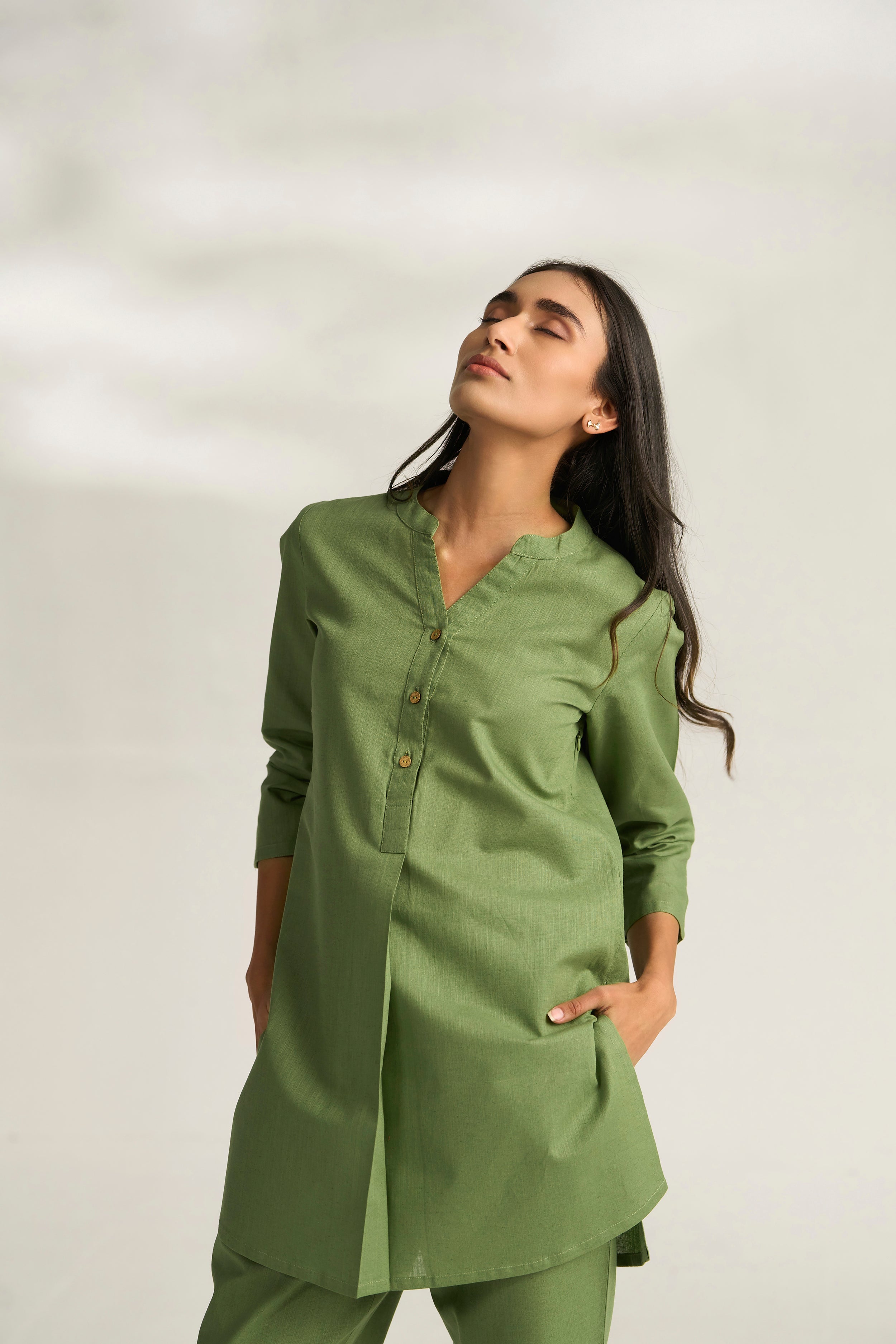 Green Cotton Linen Plain Co-ord Set with Buttoning Details