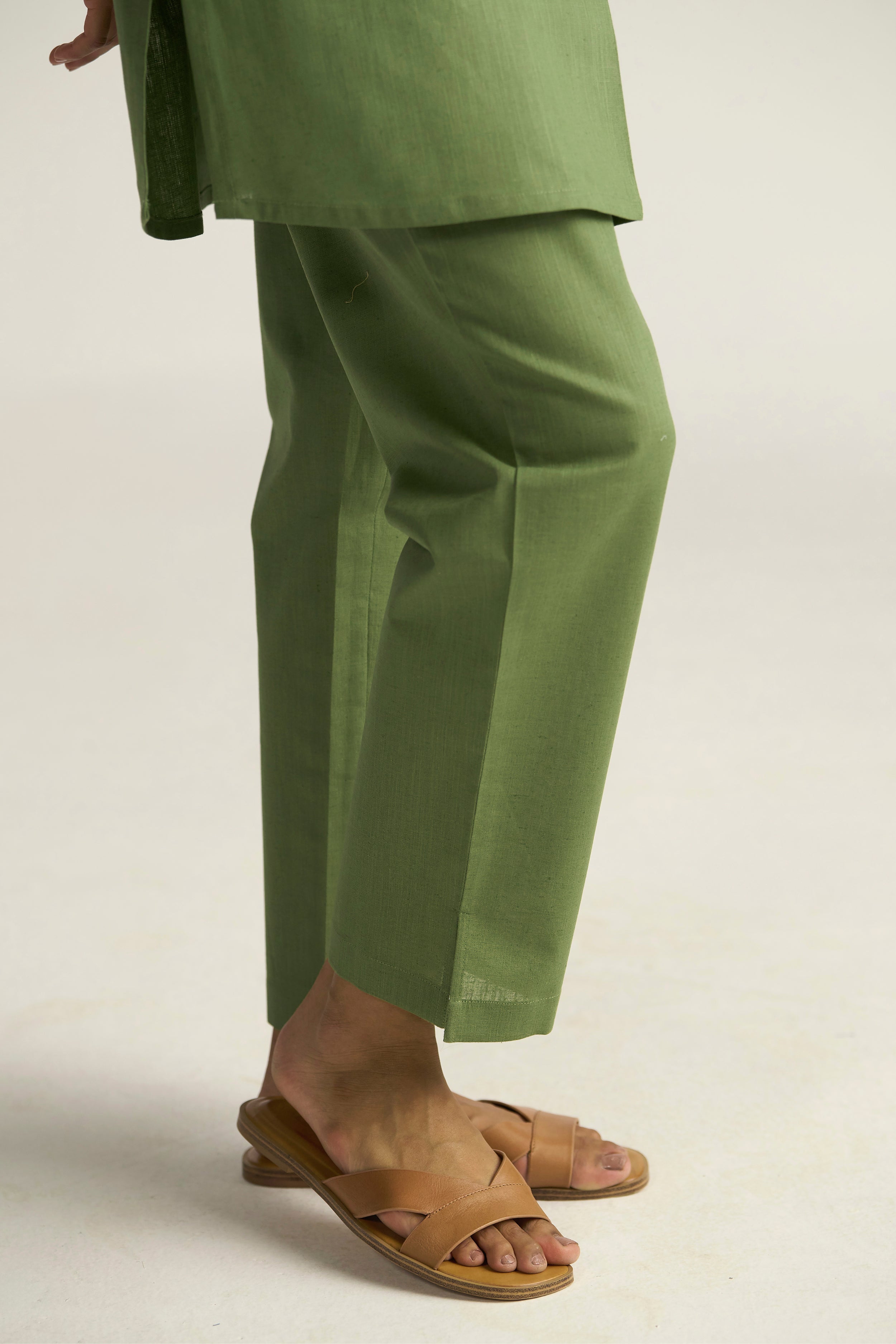 Green Cotton Linen Plain Co-ord Set with Buttoning Details