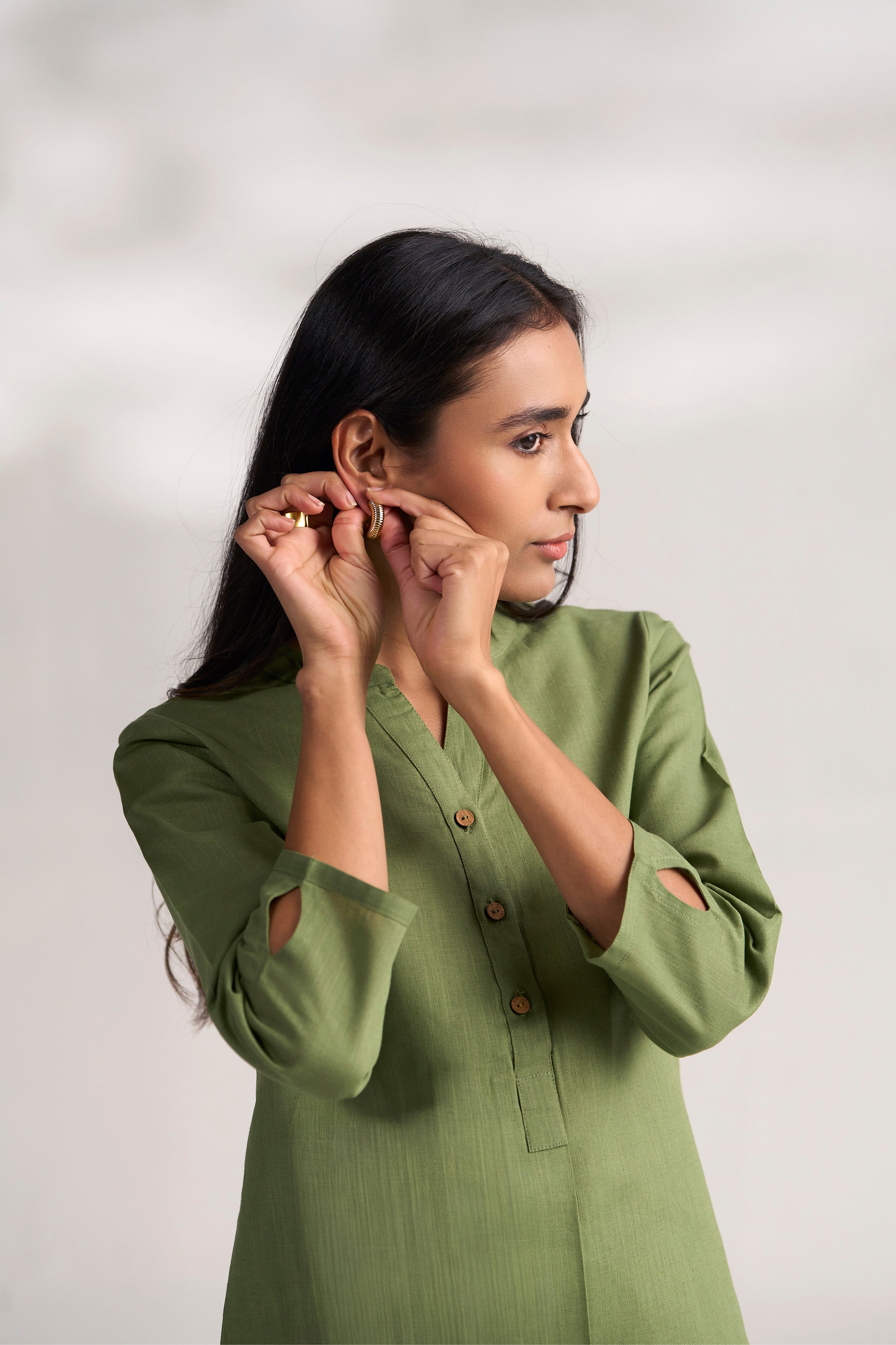 Green Cotton Linen Plain Co-ord Set with Buttoning Details