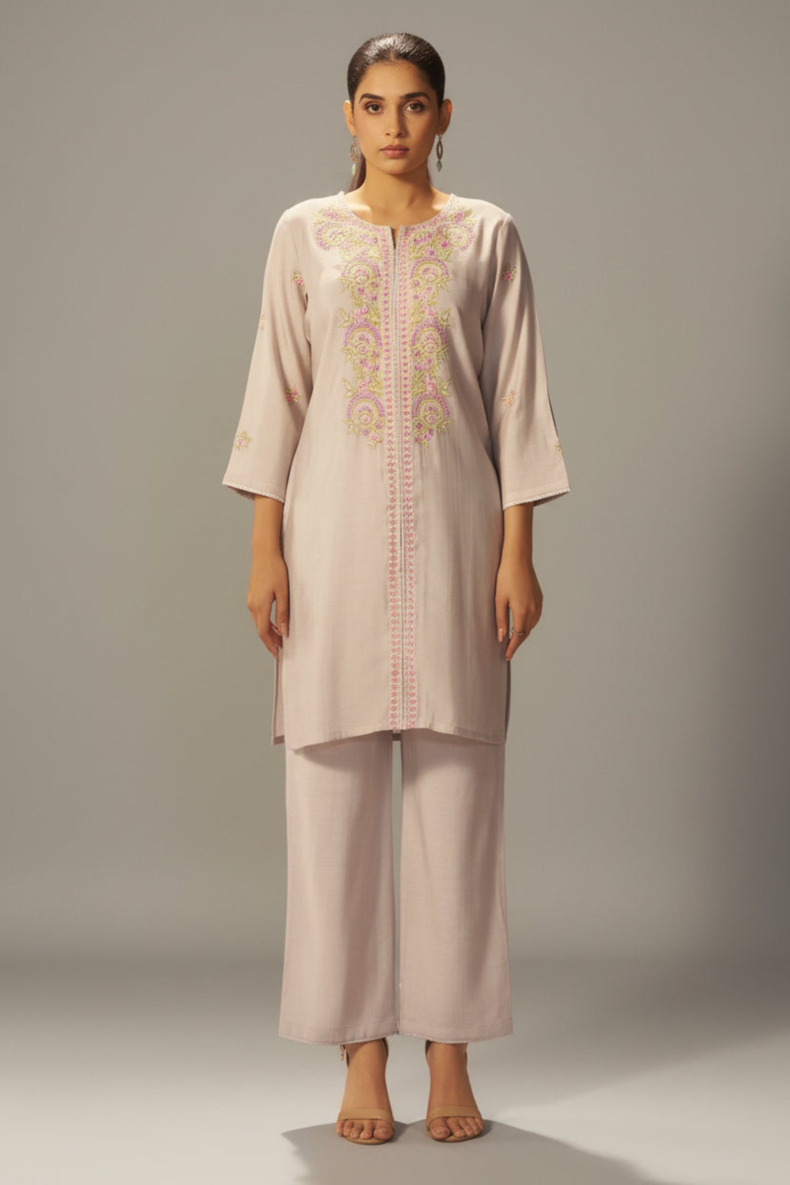 Pale Cream Mul Chanderi Embroidery Co-ord Set