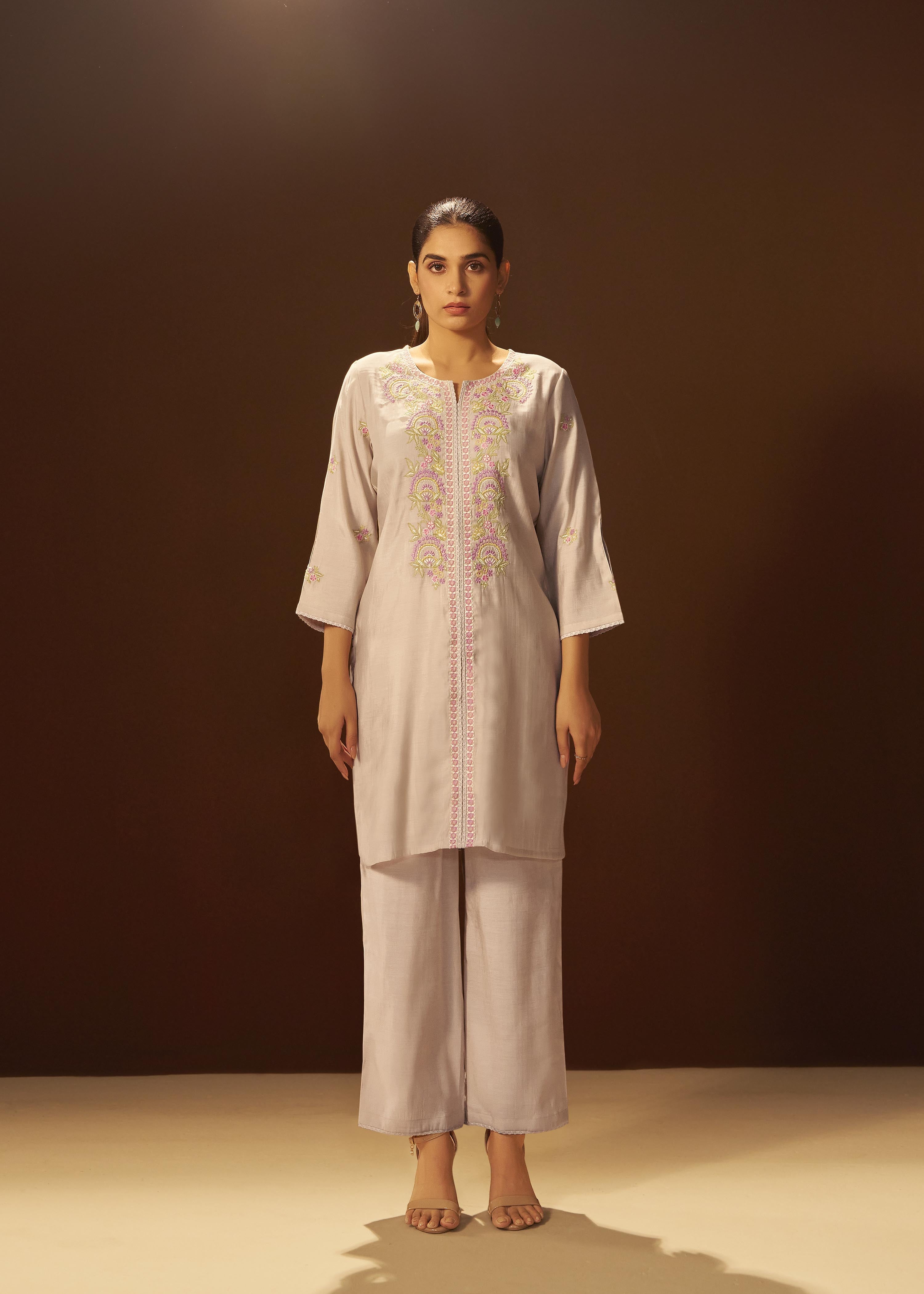 Pale Cream Mul Chanderi Embroidery Co-ord Set