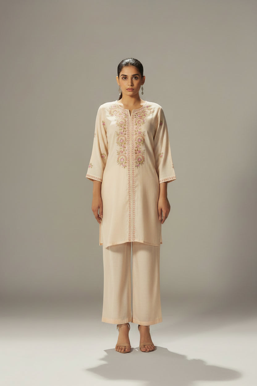 Pale Cream Mul Chanderi Embroidery Co-ord Set