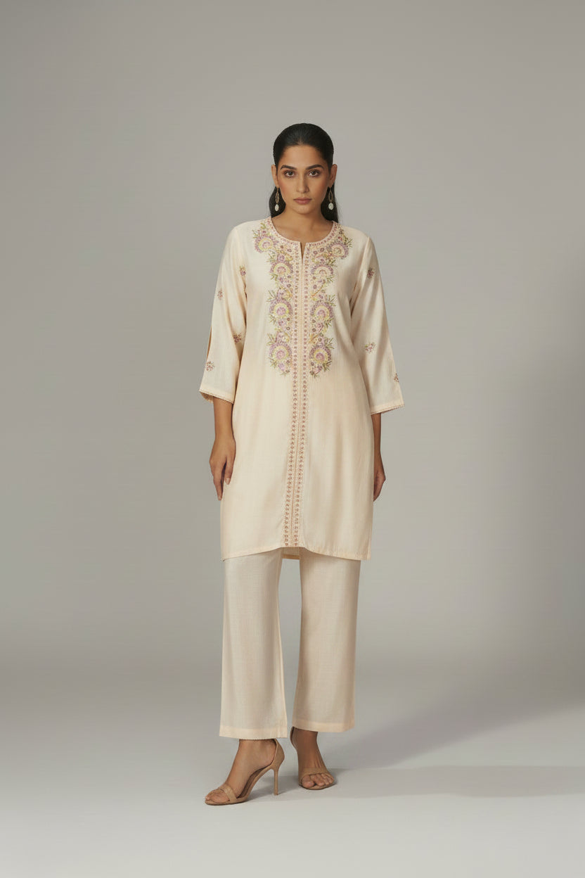 Pale Cream Mul Chanderi Embroidery Co-ord Set