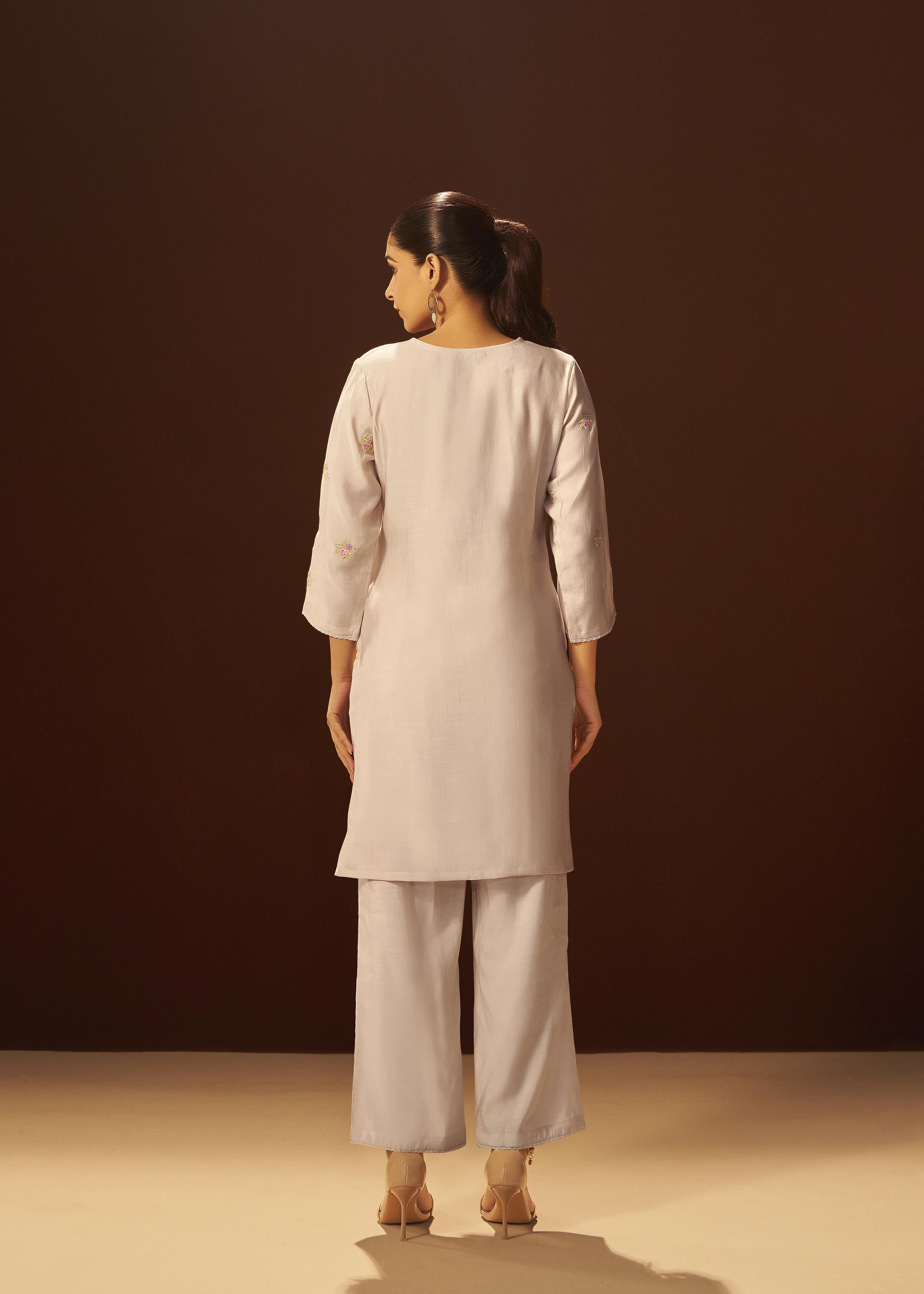 Pale Cream Mul Chanderi Embroidery Co-ord Set