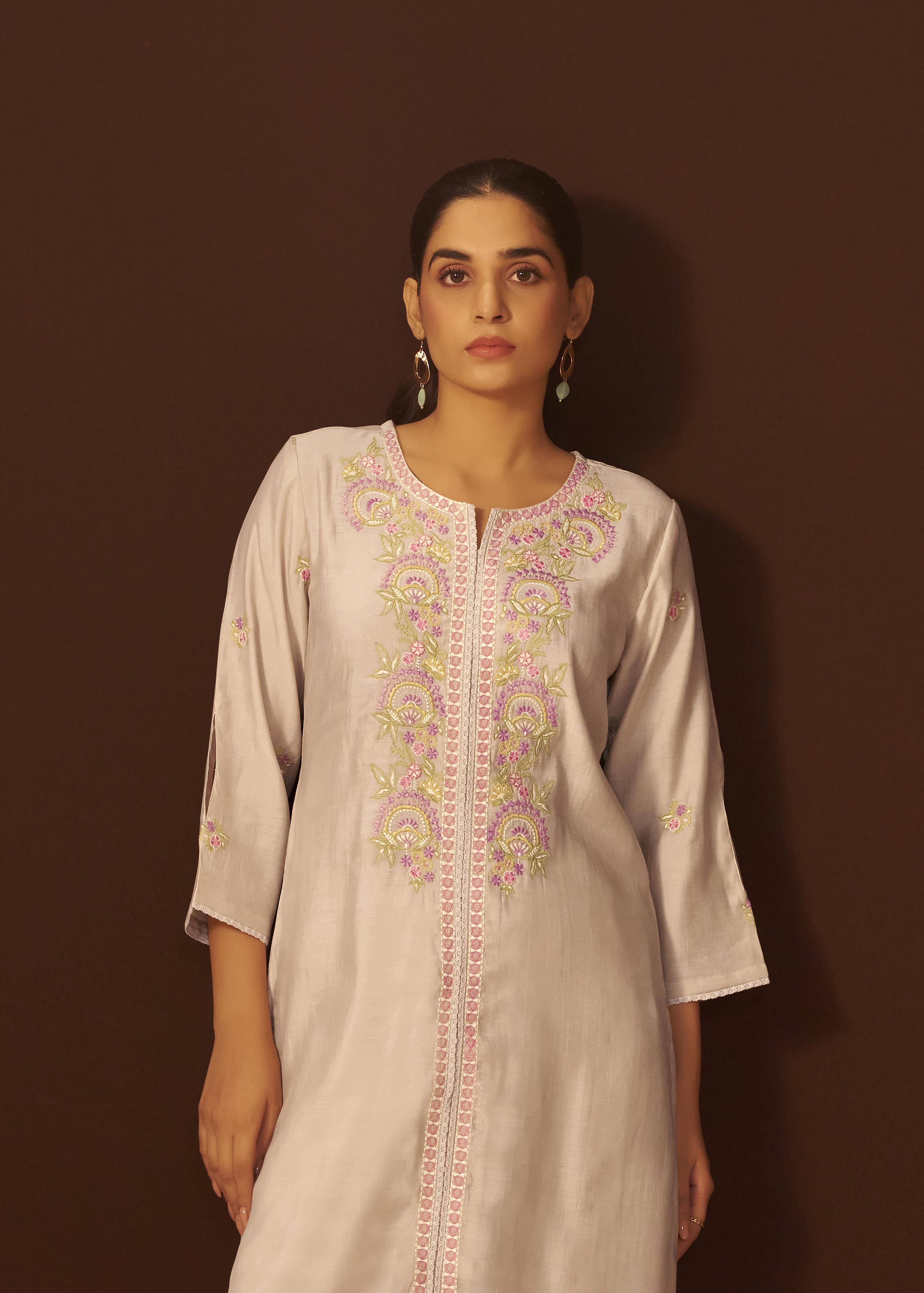 Pale Cream Mul Chanderi Embroidery Co-ord Set
