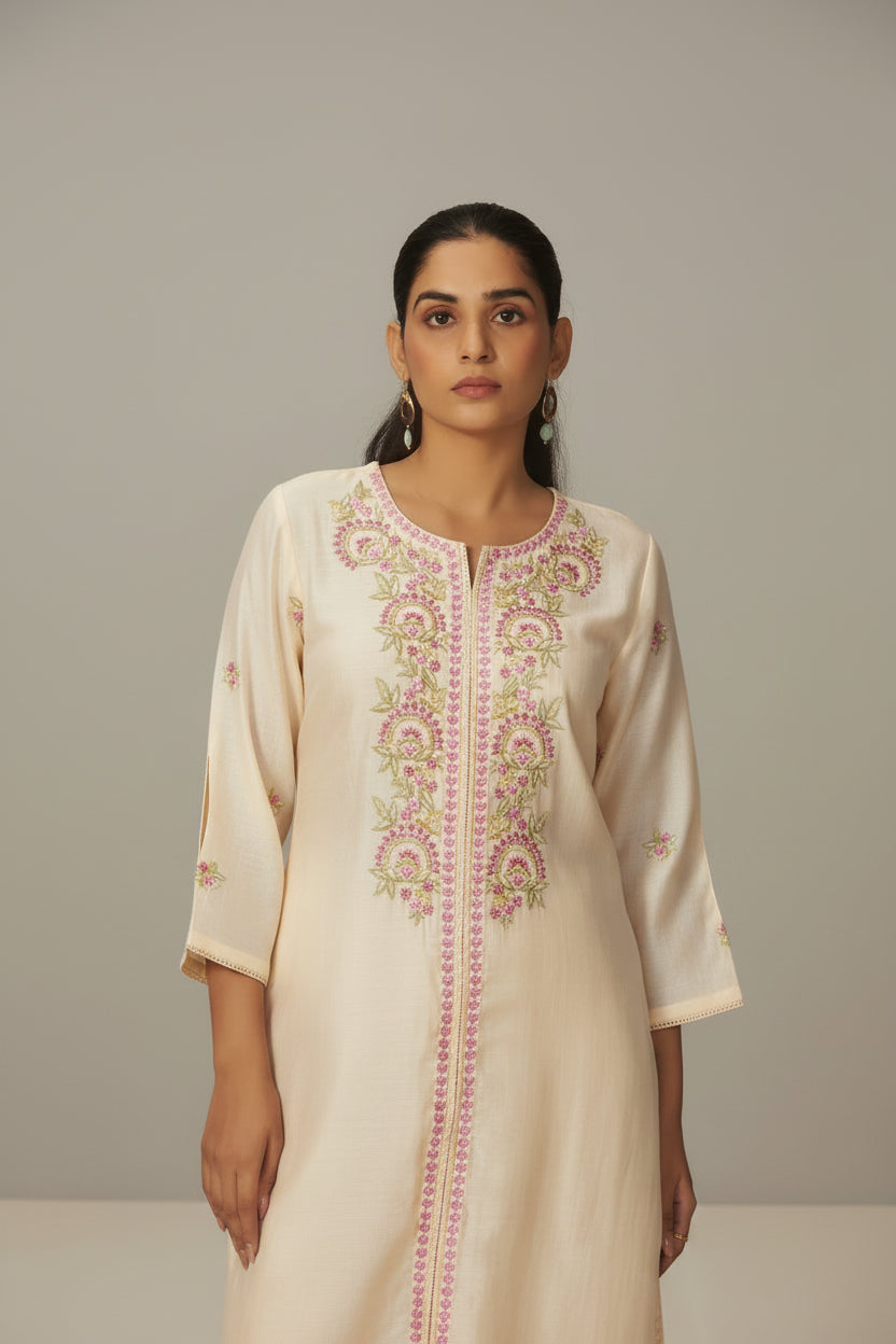Pale Cream Mul Chanderi Embroidery Co-ord Set