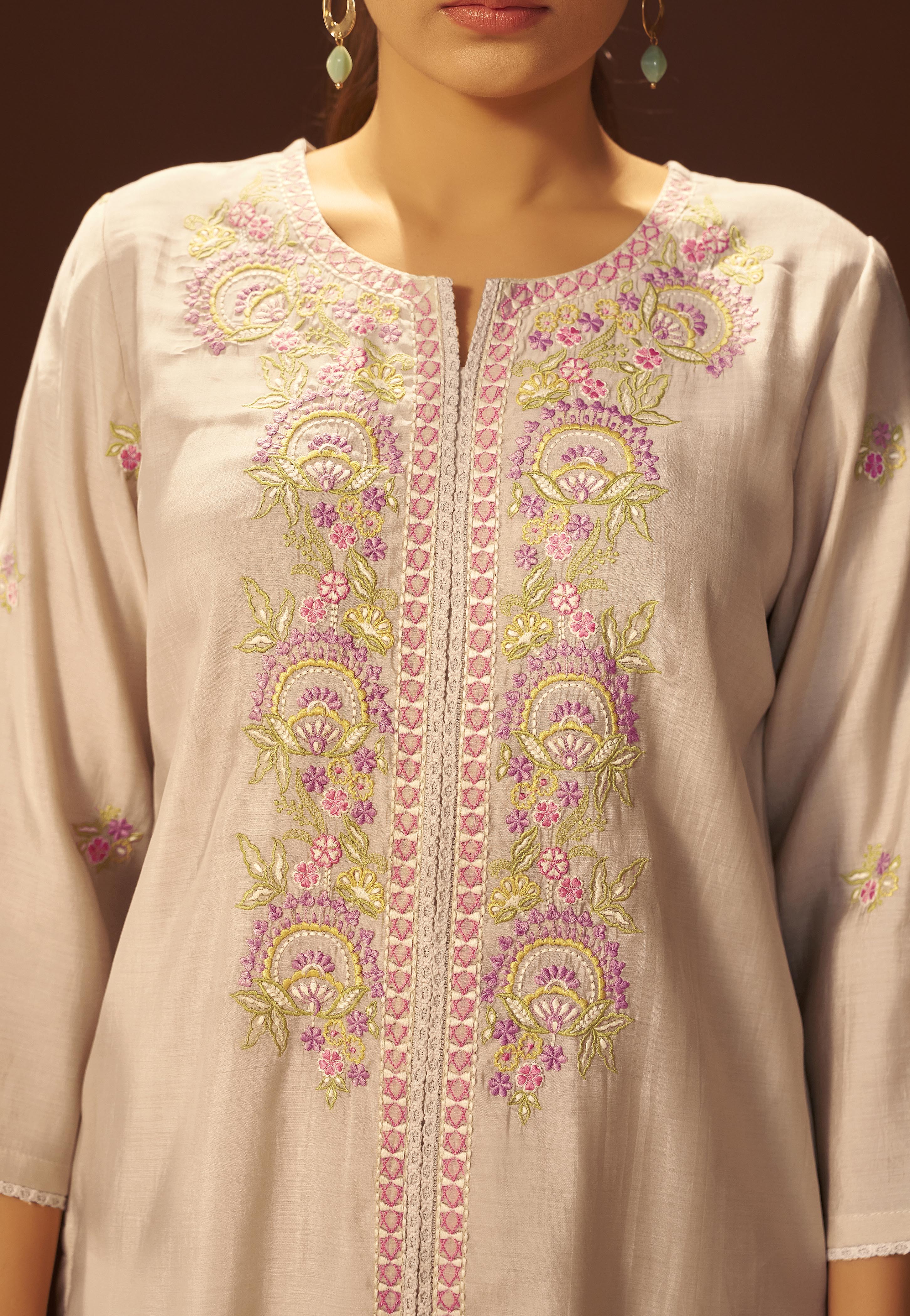 Pale Cream Mul Chanderi Embroidery Co-ord Set