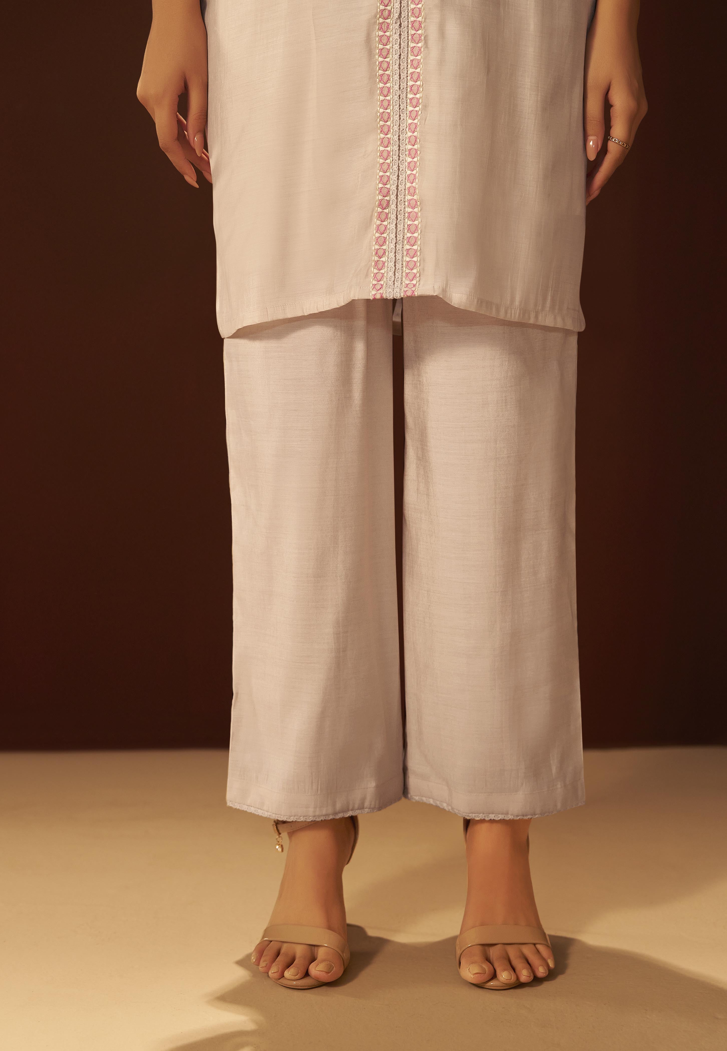 Pale Cream Mul Chanderi Embroidery Co-ord Set