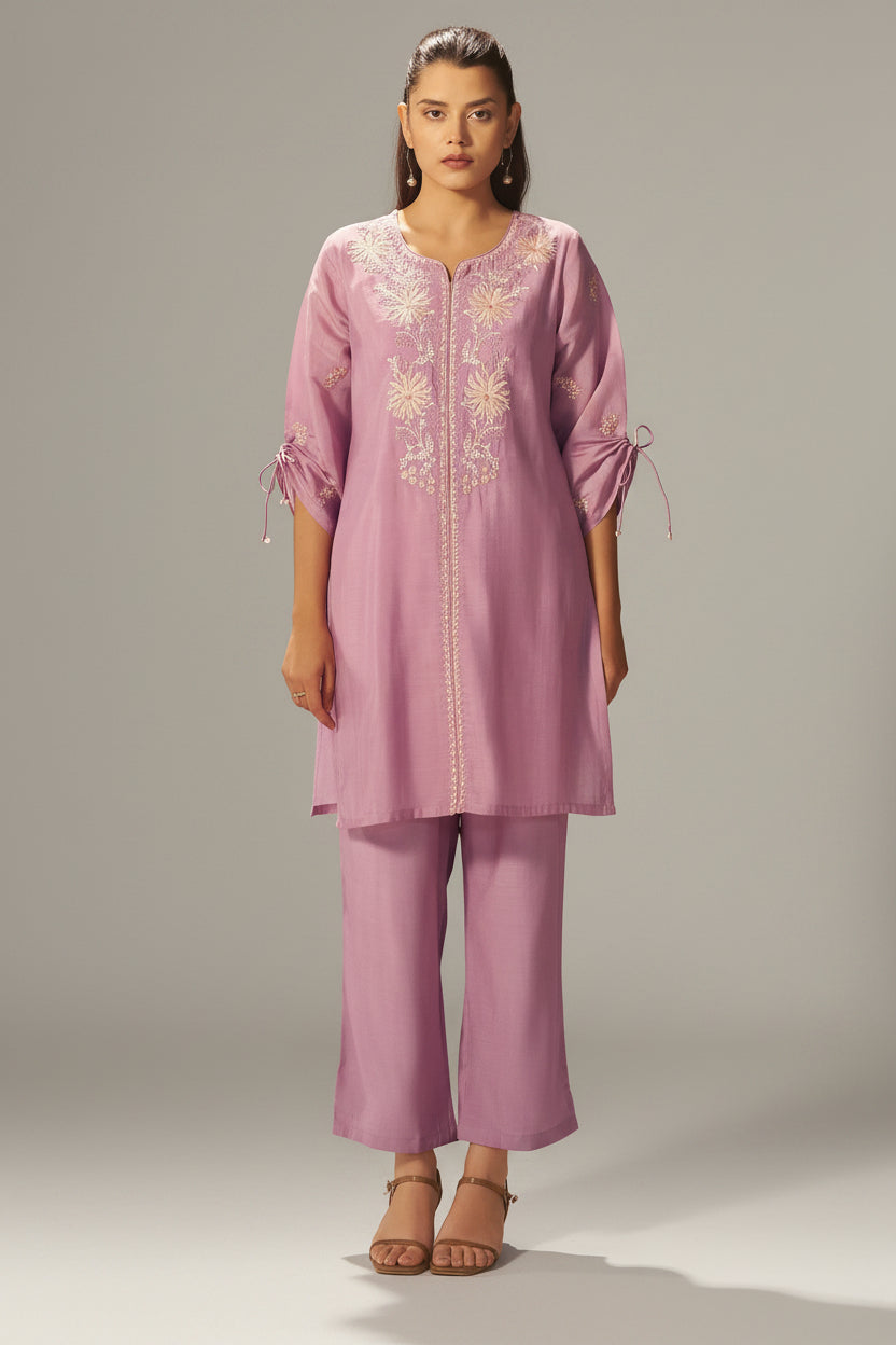 Lavender Mist Mul Chanderi Embroidery Co-ord Set