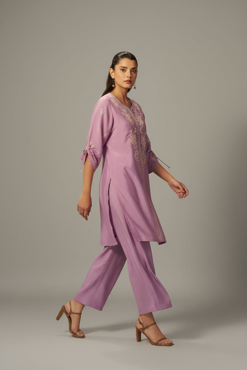 Lavender Mist Mul Chanderi Embroidery Co-ord Set