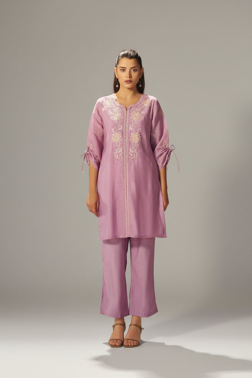Lavender Mist Mul Chanderi Embroidery Co-ord Set