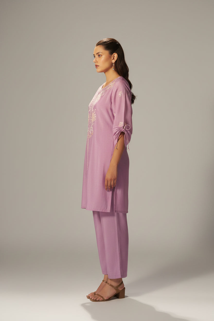 Lavender Mist Mul Chanderi Embroidery Co-ord Set
