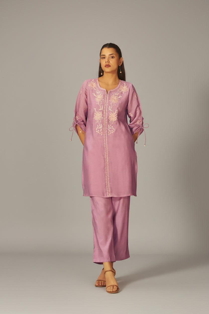 Lavender Mist Mul Chanderi Embroidery Co-ord Set