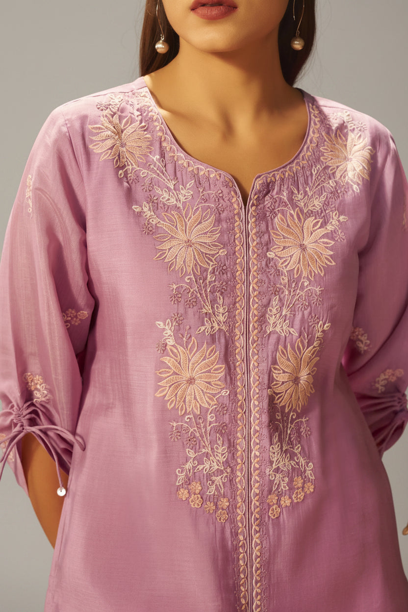 Lavender Mist Mul Chanderi Embroidery Co-ord Set