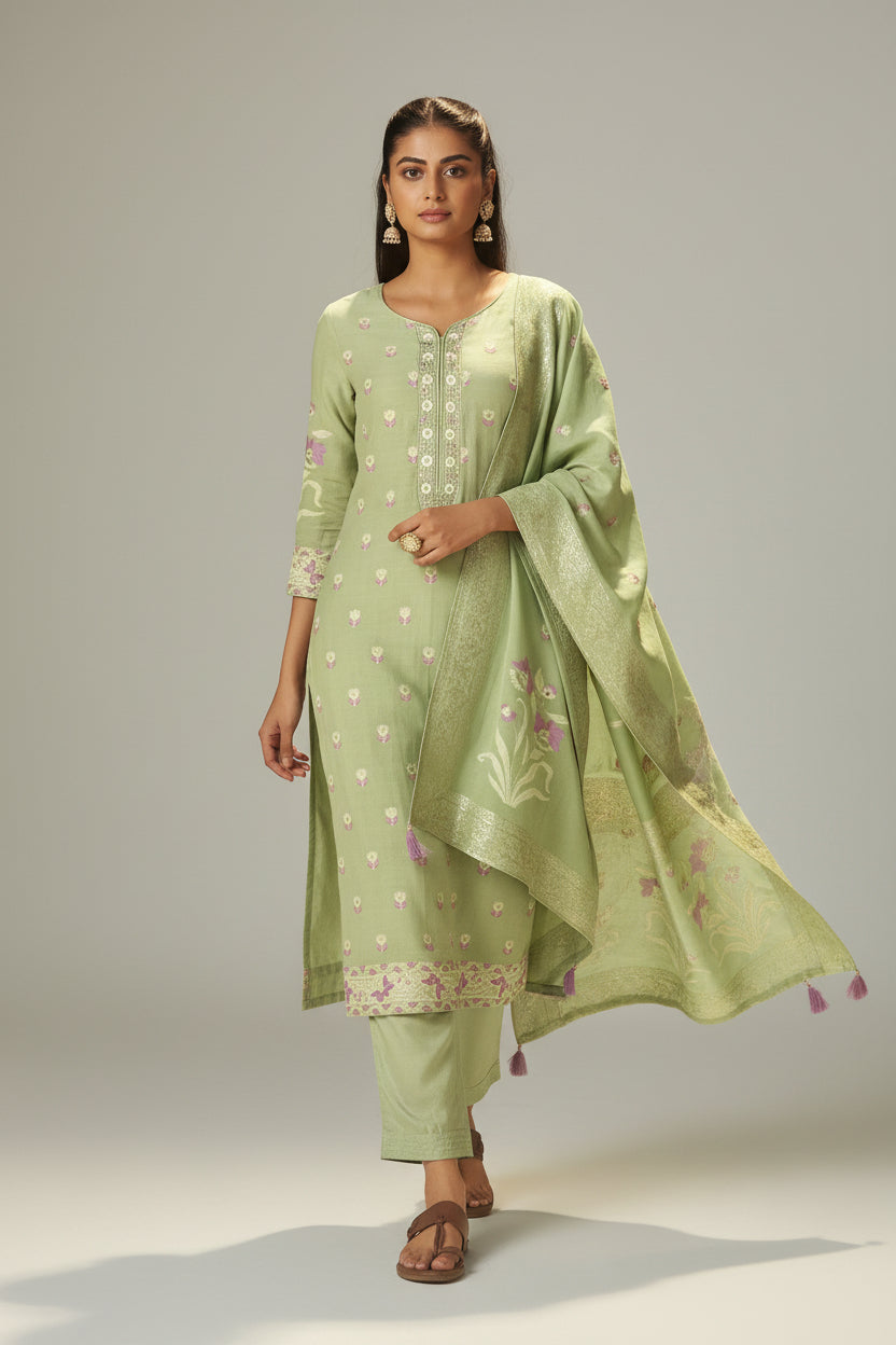 Pistachio Green Dyed Cotton Jacquard Fancy Kurta Set