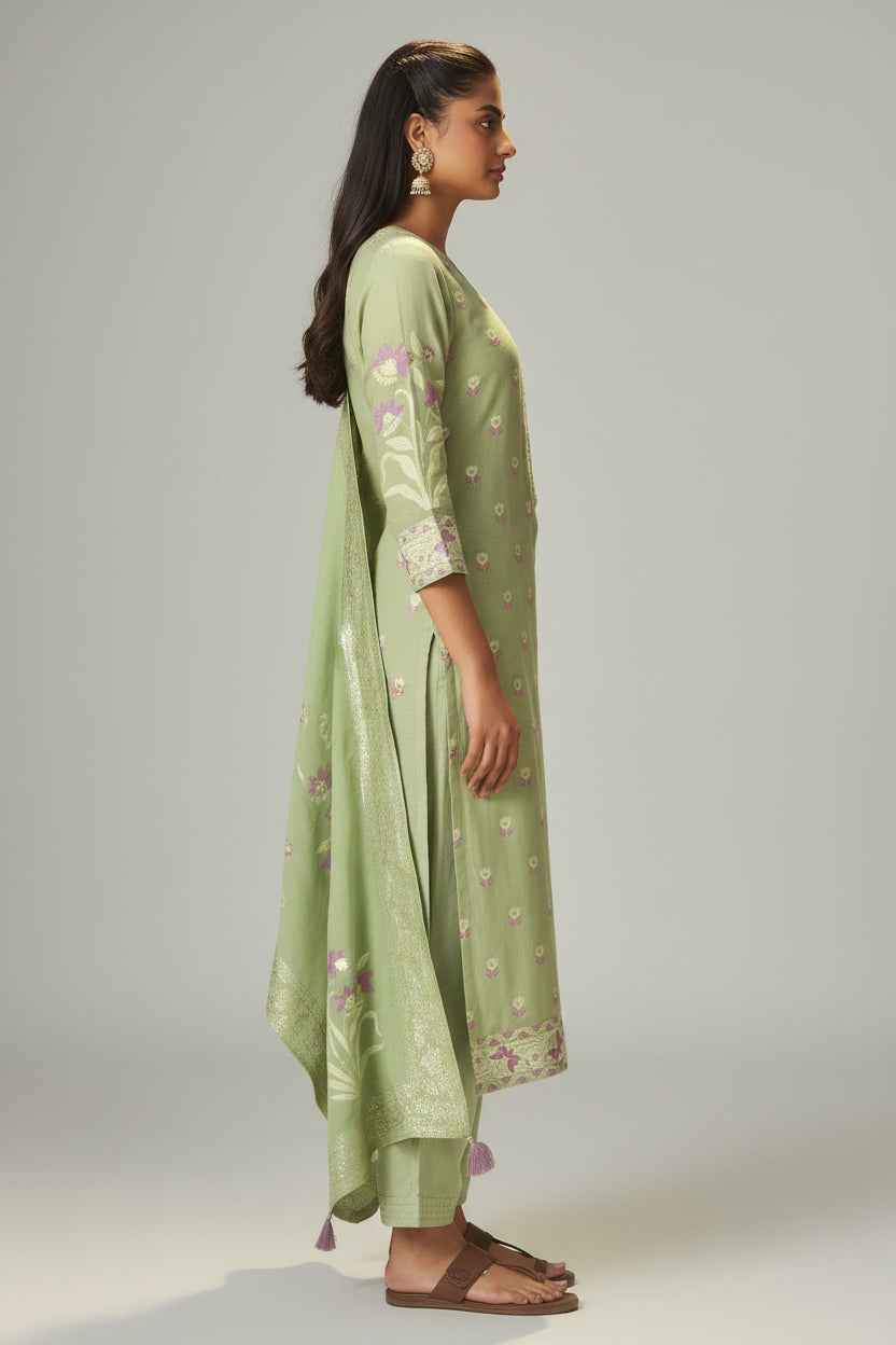 Pistachio Green Dyed Cotton Jacquard Fancy Kurta Set