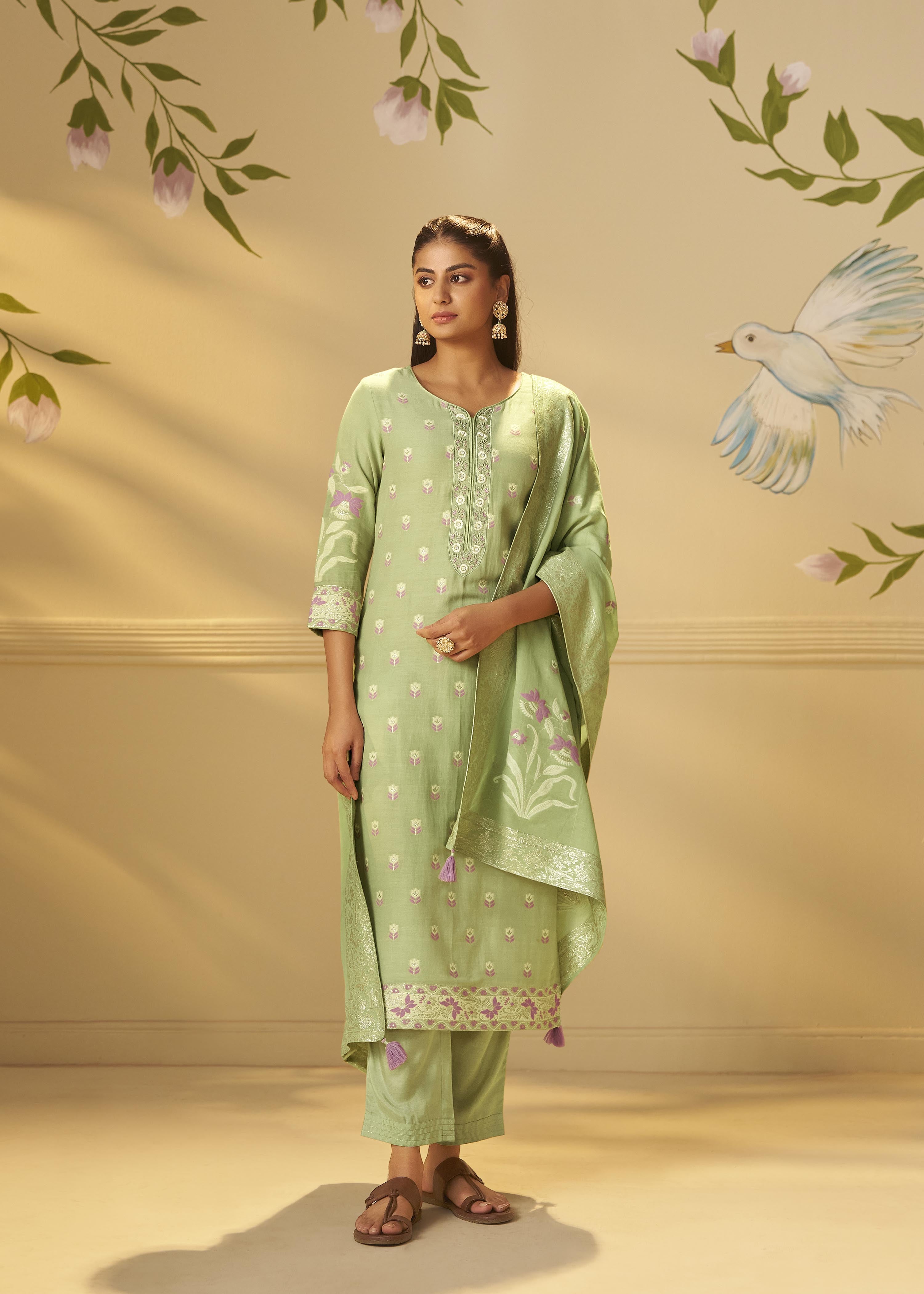 Pistachio Green Dyed Cotton Jacquard Fancy Kurta Set