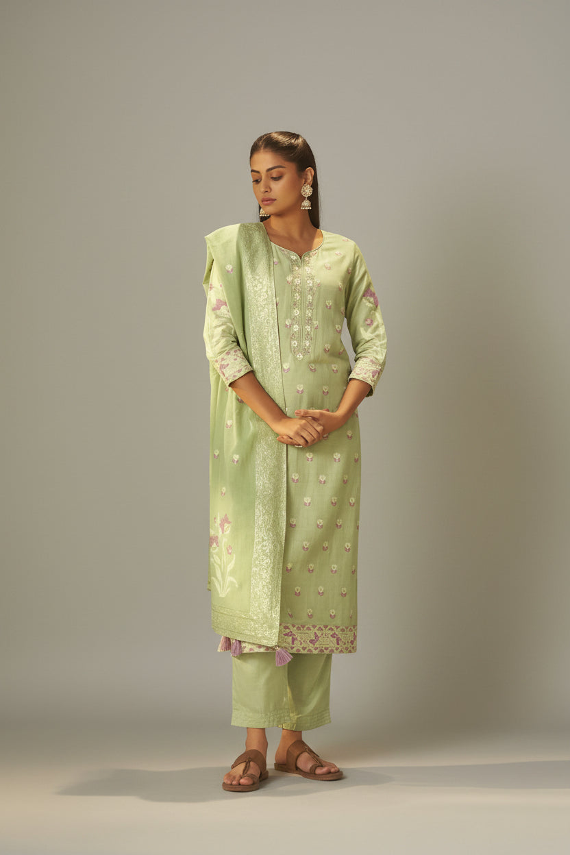 Pistachio Green Dyed Cotton Jacquard Fancy Kurta Set