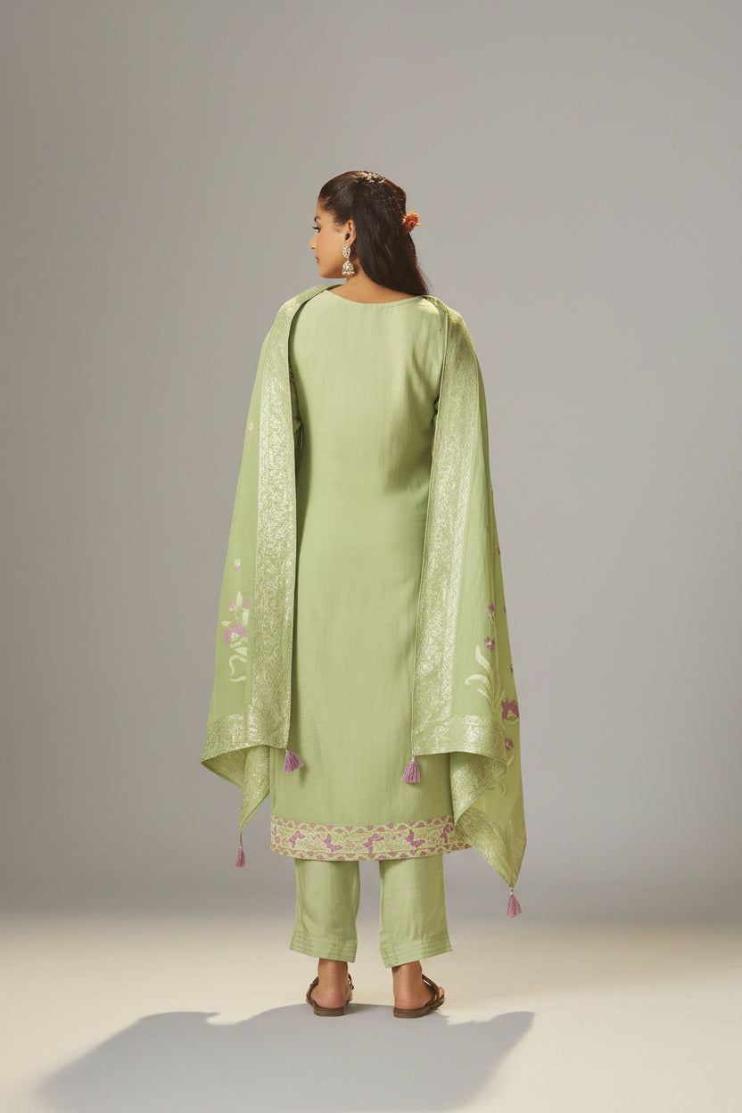Pistachio Green Dyed Cotton Jacquard Fancy Kurta Set