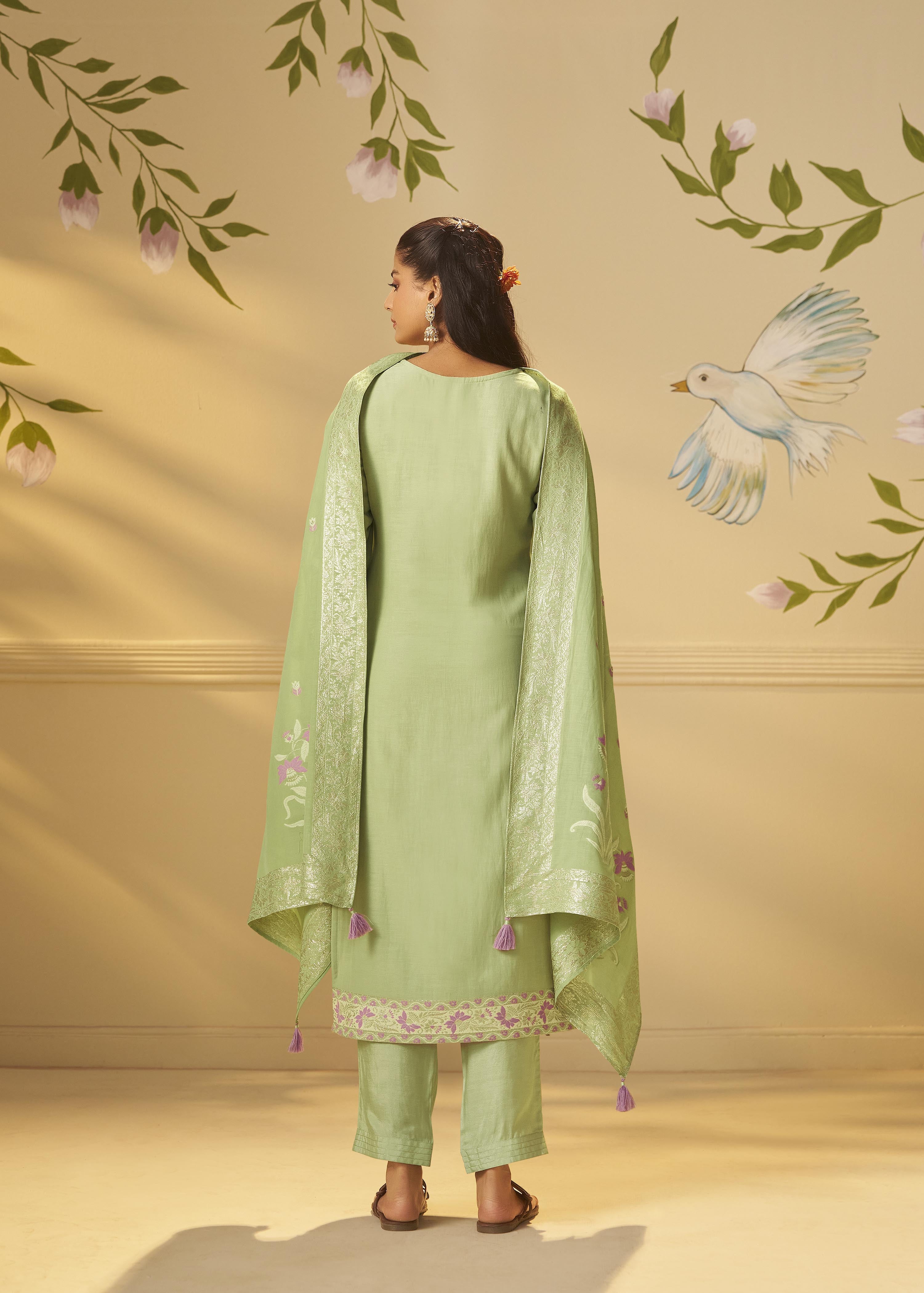 Pistachio Green Dyed Cotton Jacquard Fancy Kurta Set