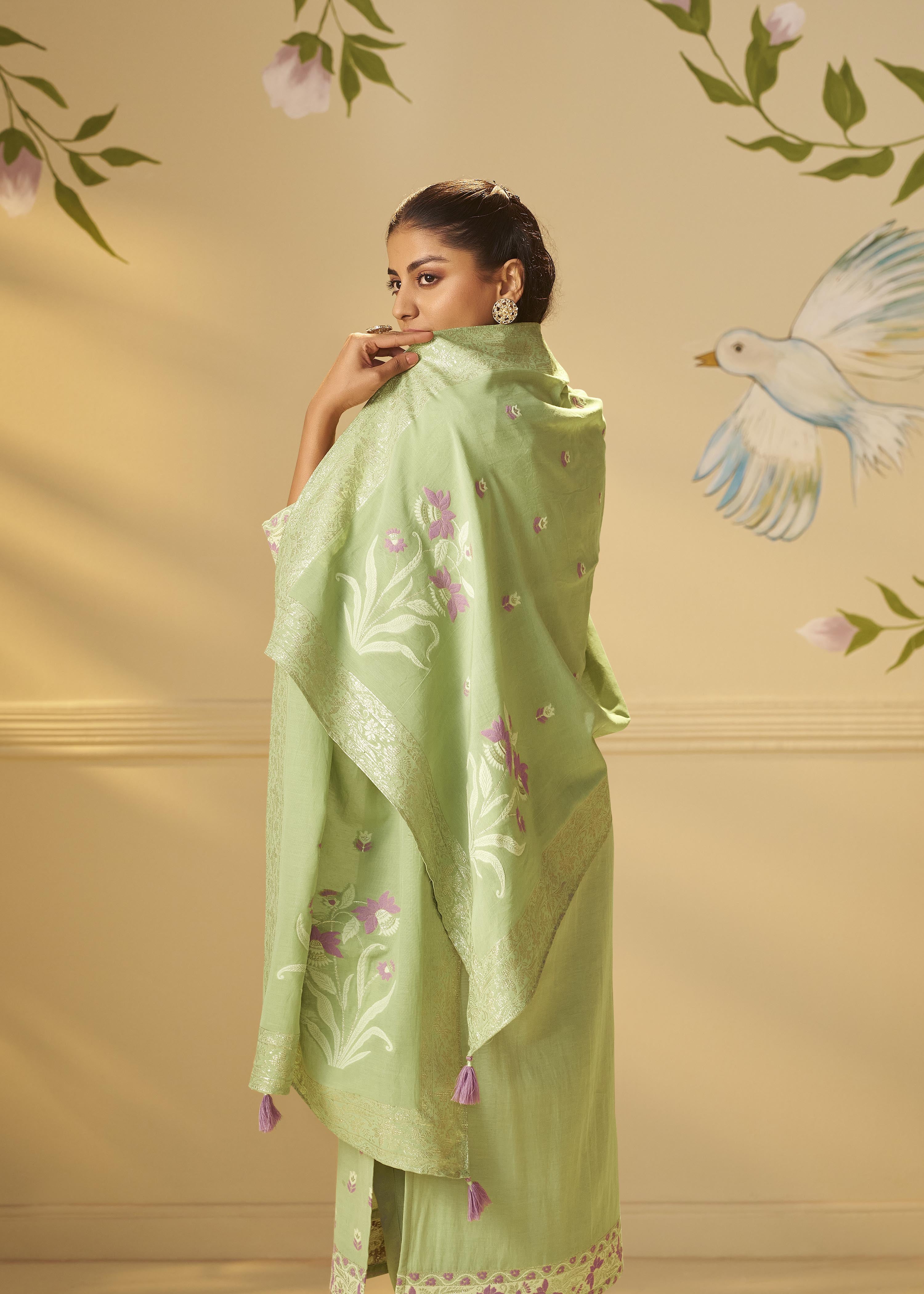 Pistachio Green Dyed Cotton Jacquard Fancy Kurta Set