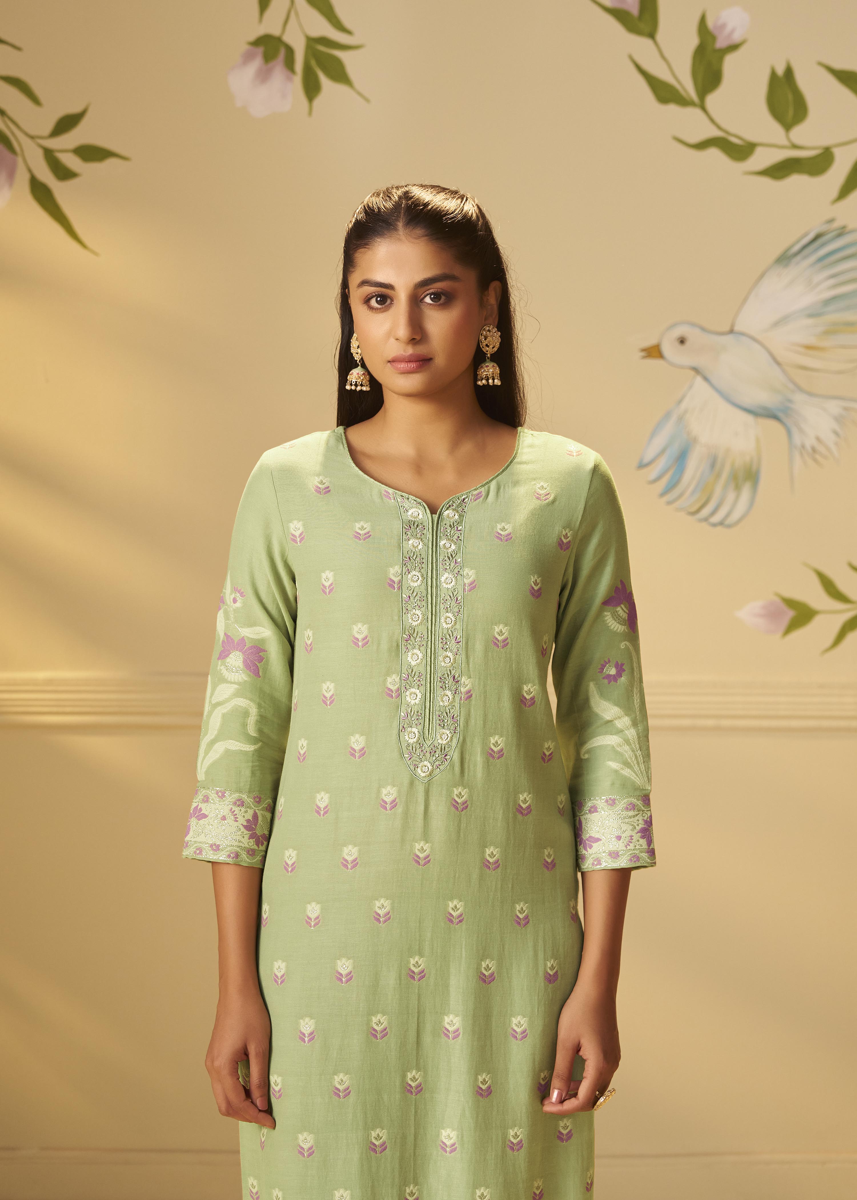 Pistachio Green Dyed Cotton Jacquard Fancy Kurta Set