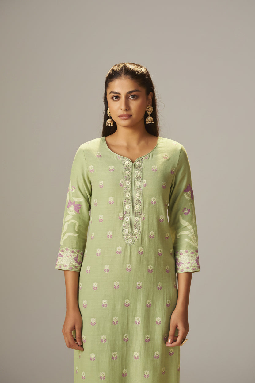 Pistachio Green Dyed Cotton Jacquard Fancy Kurta Set