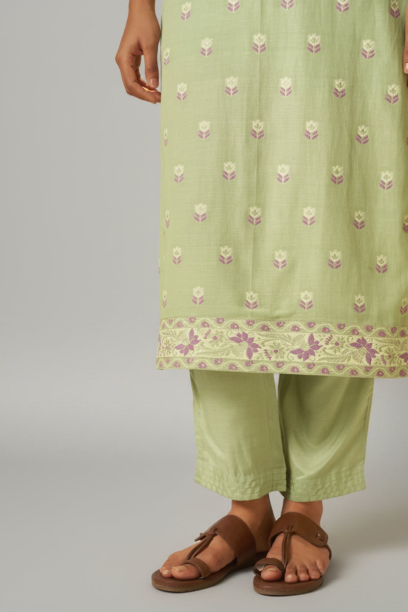 Pistachio Green Dyed Cotton Jacquard Fancy Kurta Set