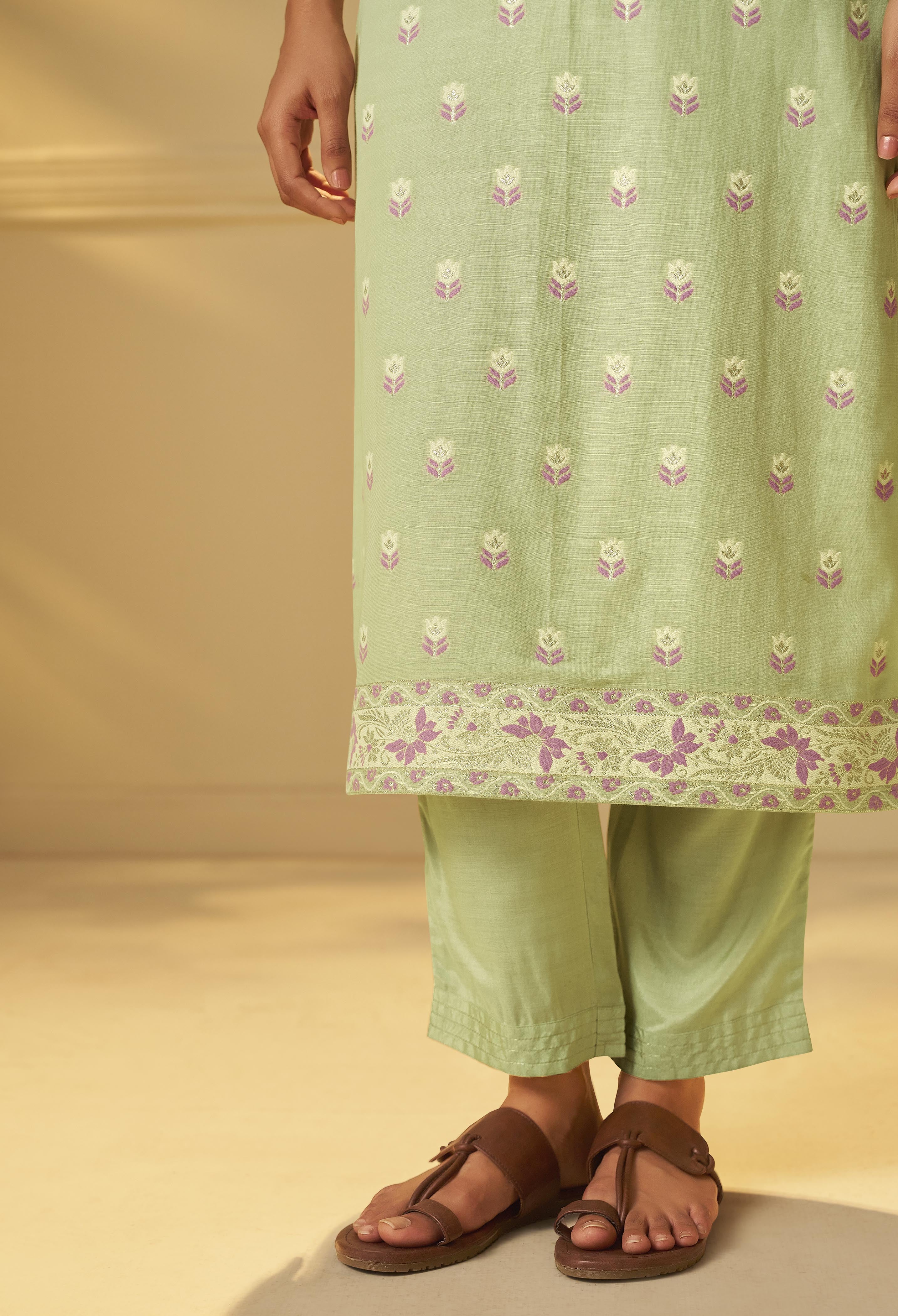 Pistachio Green Dyed Cotton Jacquard Fancy Kurta Set
