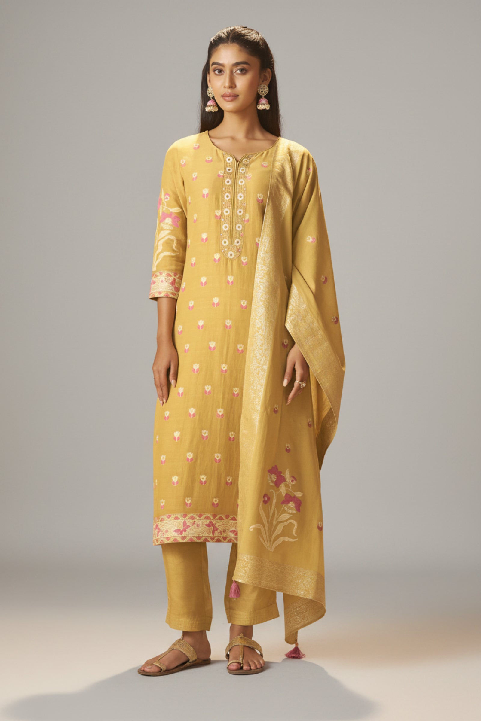 Warm Mustard Dyed Cotton Jacquard Fancy Kurta Set