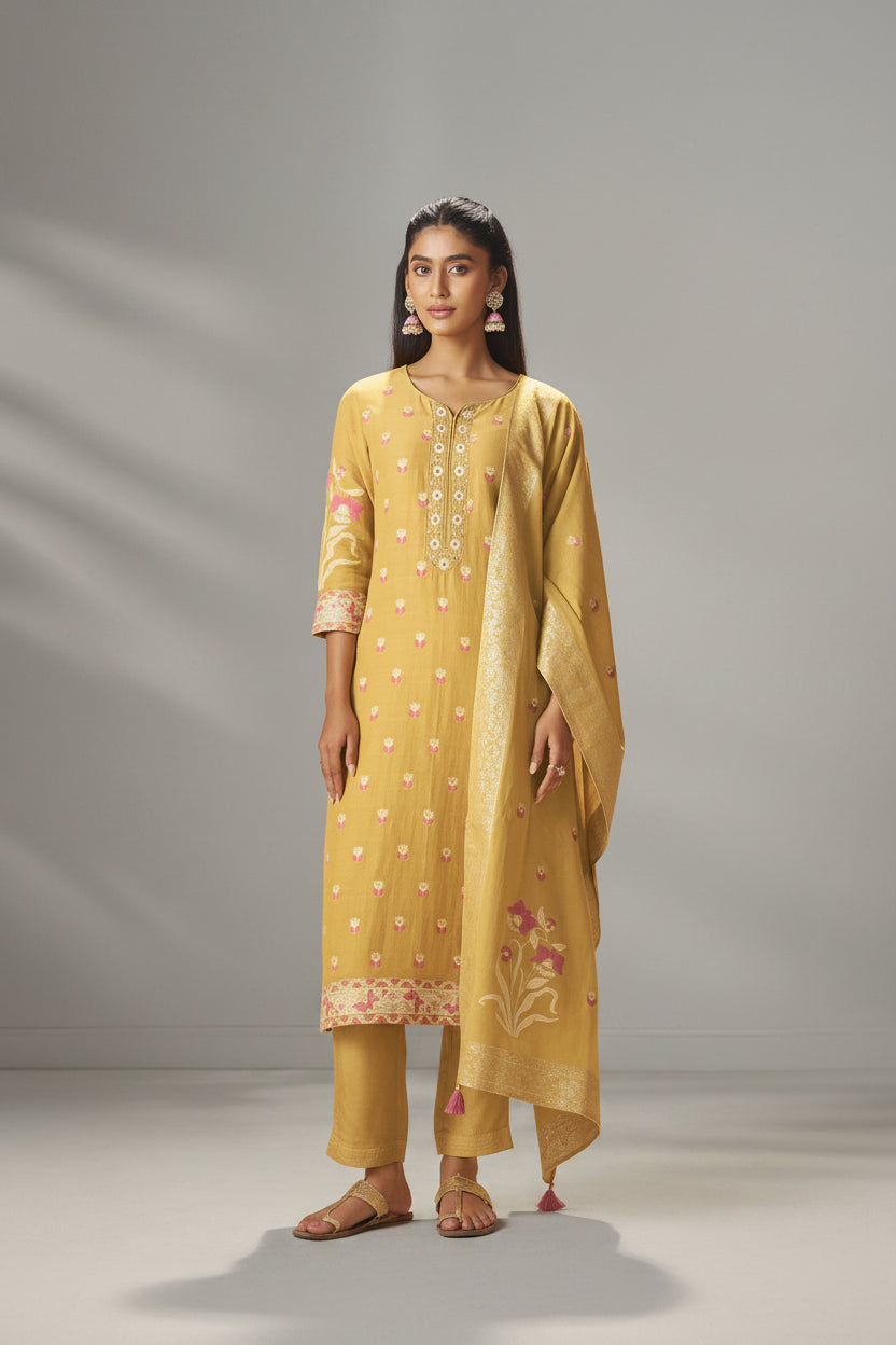 Warm Mustard Dyed Cotton Jacquard Fancy Kurta Set