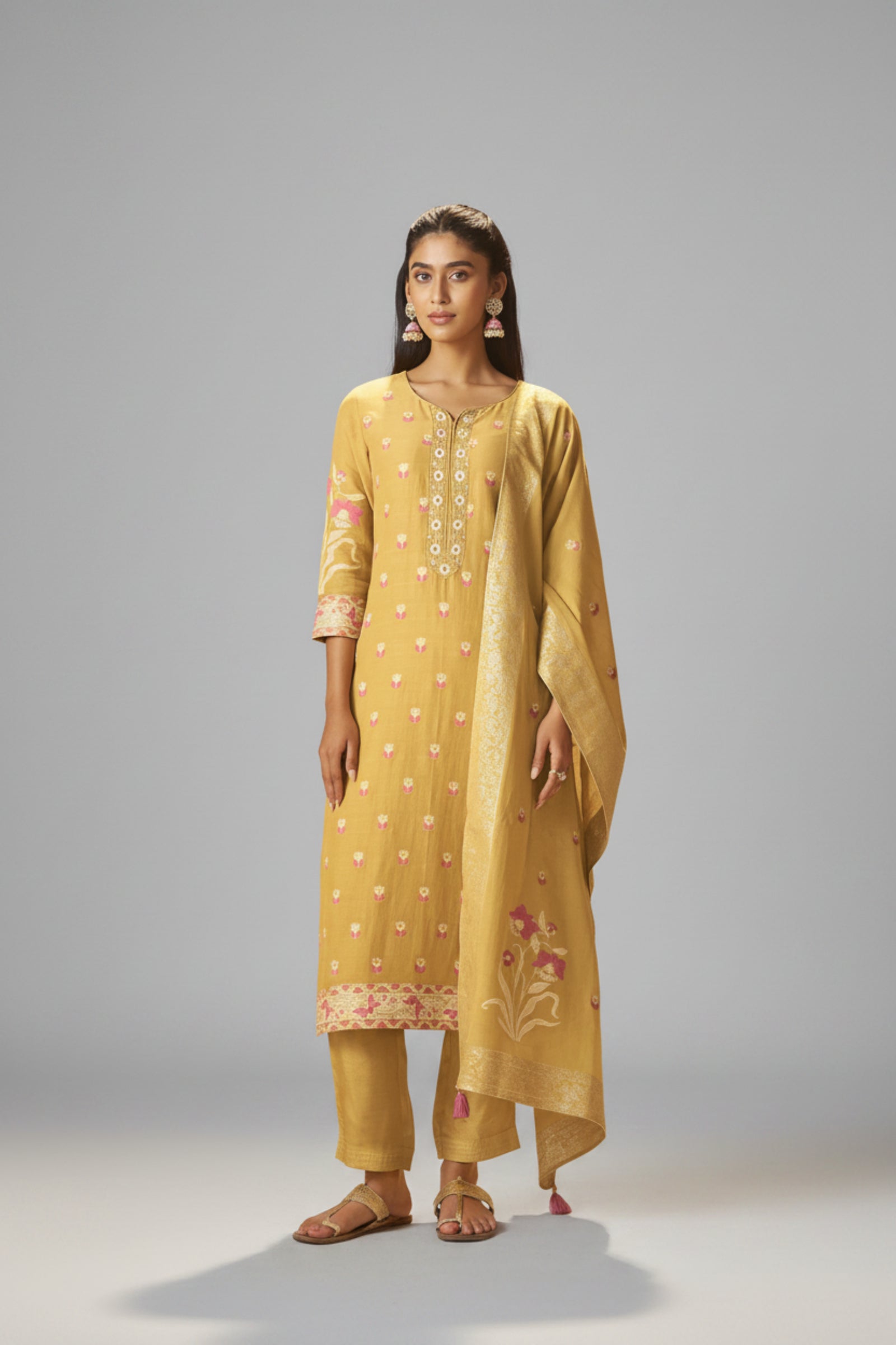 Warm Mustard Dyed Cotton Jacquard Fancy Kurta Set