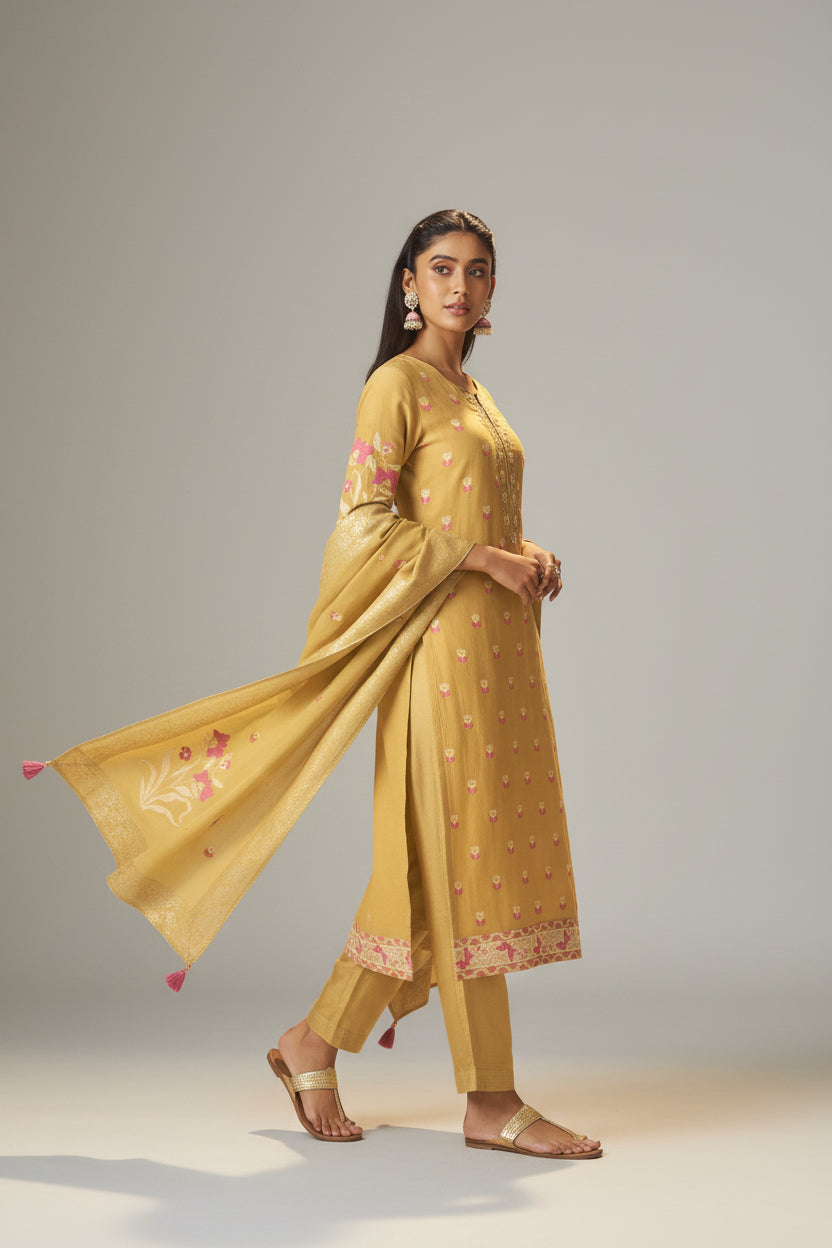 Warm Mustard Dyed Cotton Jacquard Fancy Kurta Set