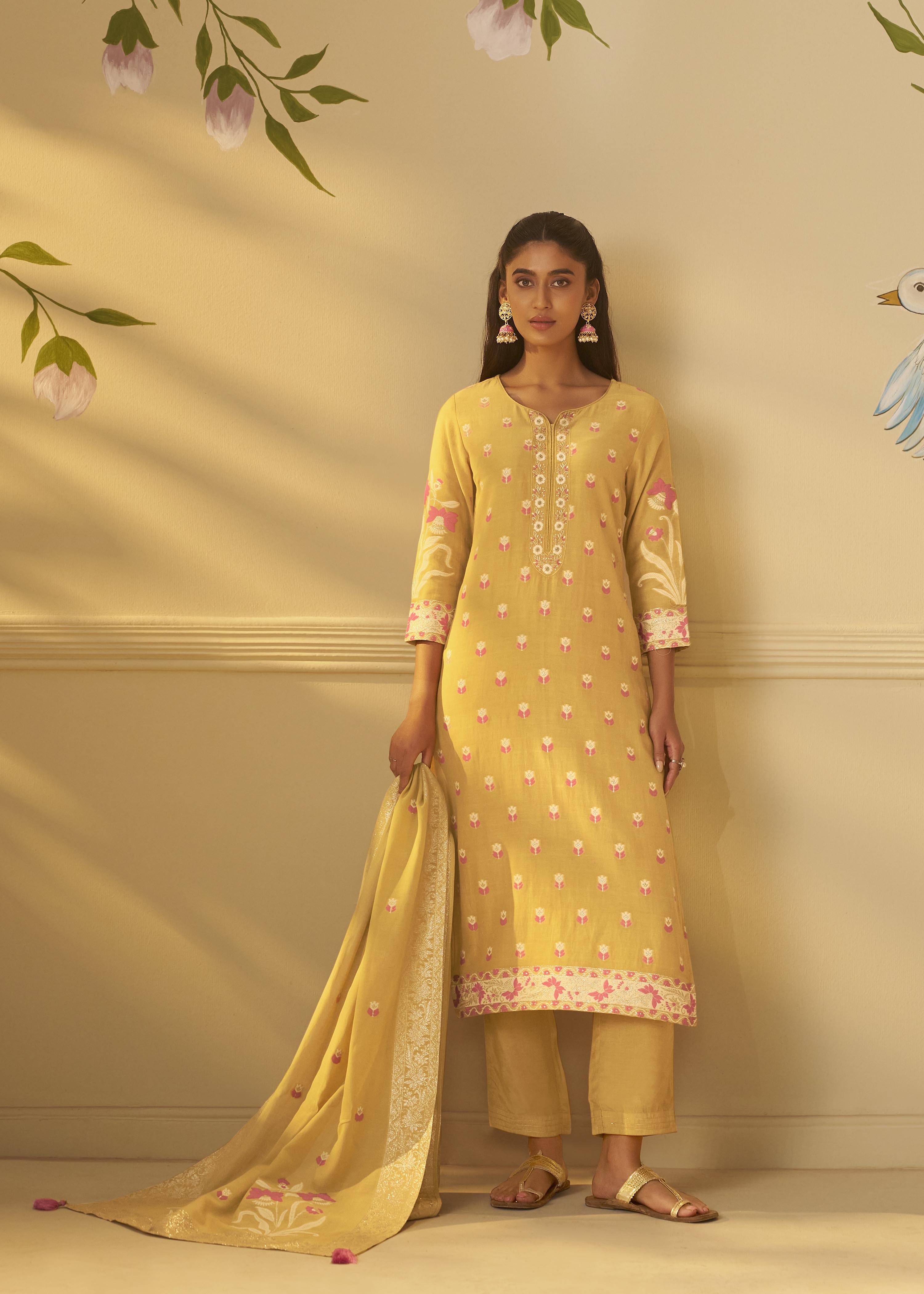 Warm Mustard Dyed Cotton Jacquard Fancy Kurta Set