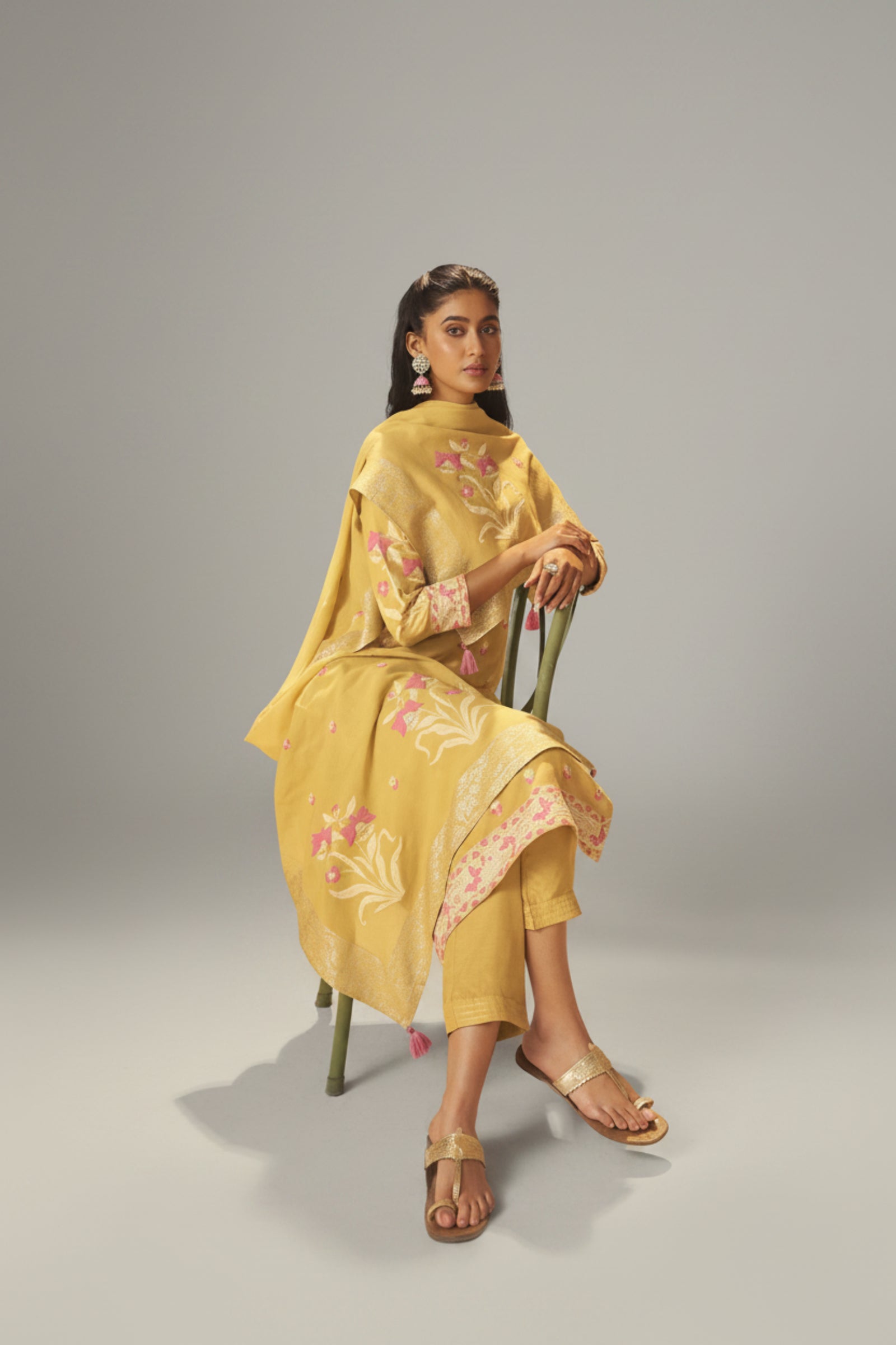 Warm Mustard Dyed Cotton Jacquard Fancy Kurta Set