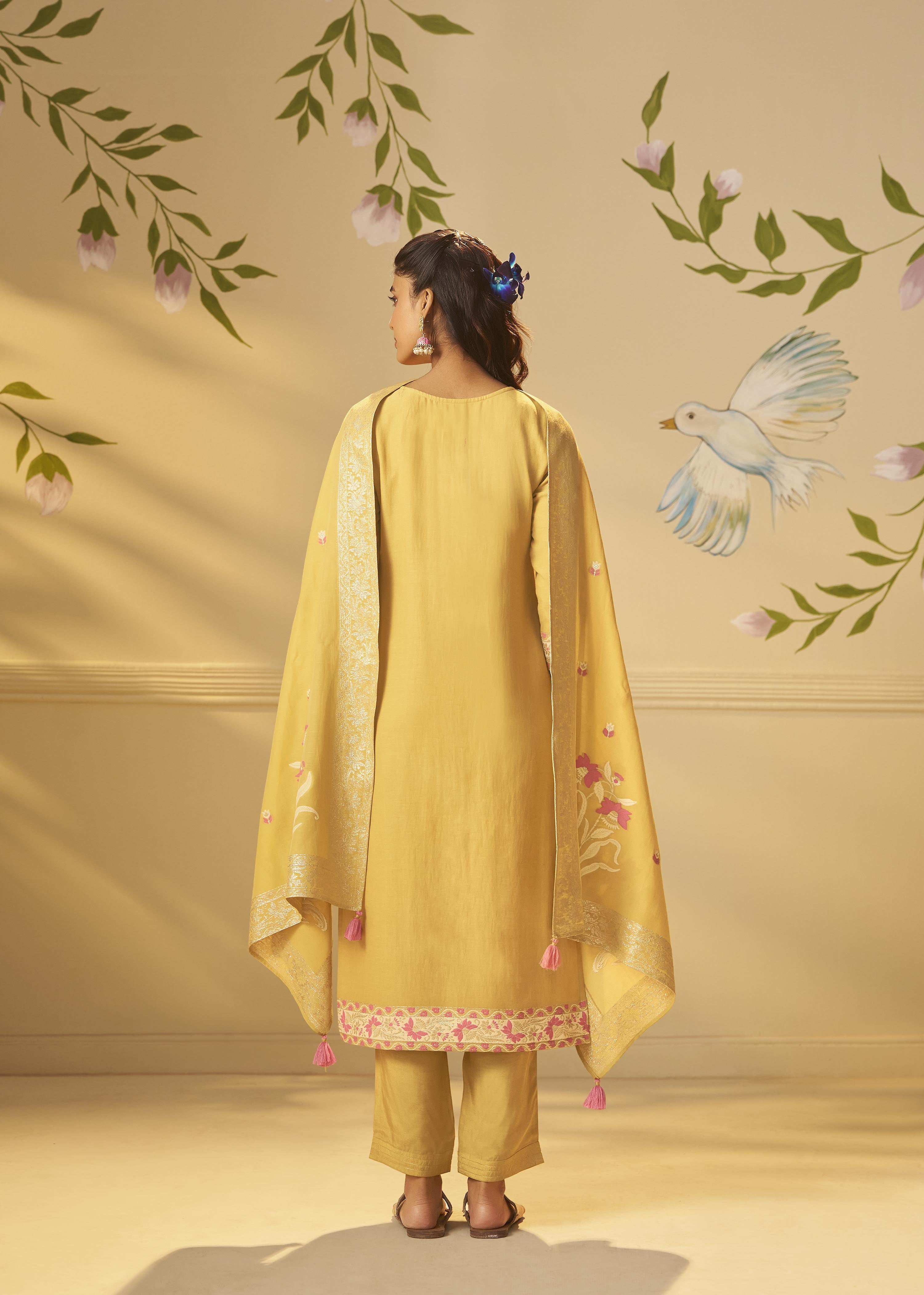Warm Mustard Dyed Cotton Jacquard Fancy Kurta Set