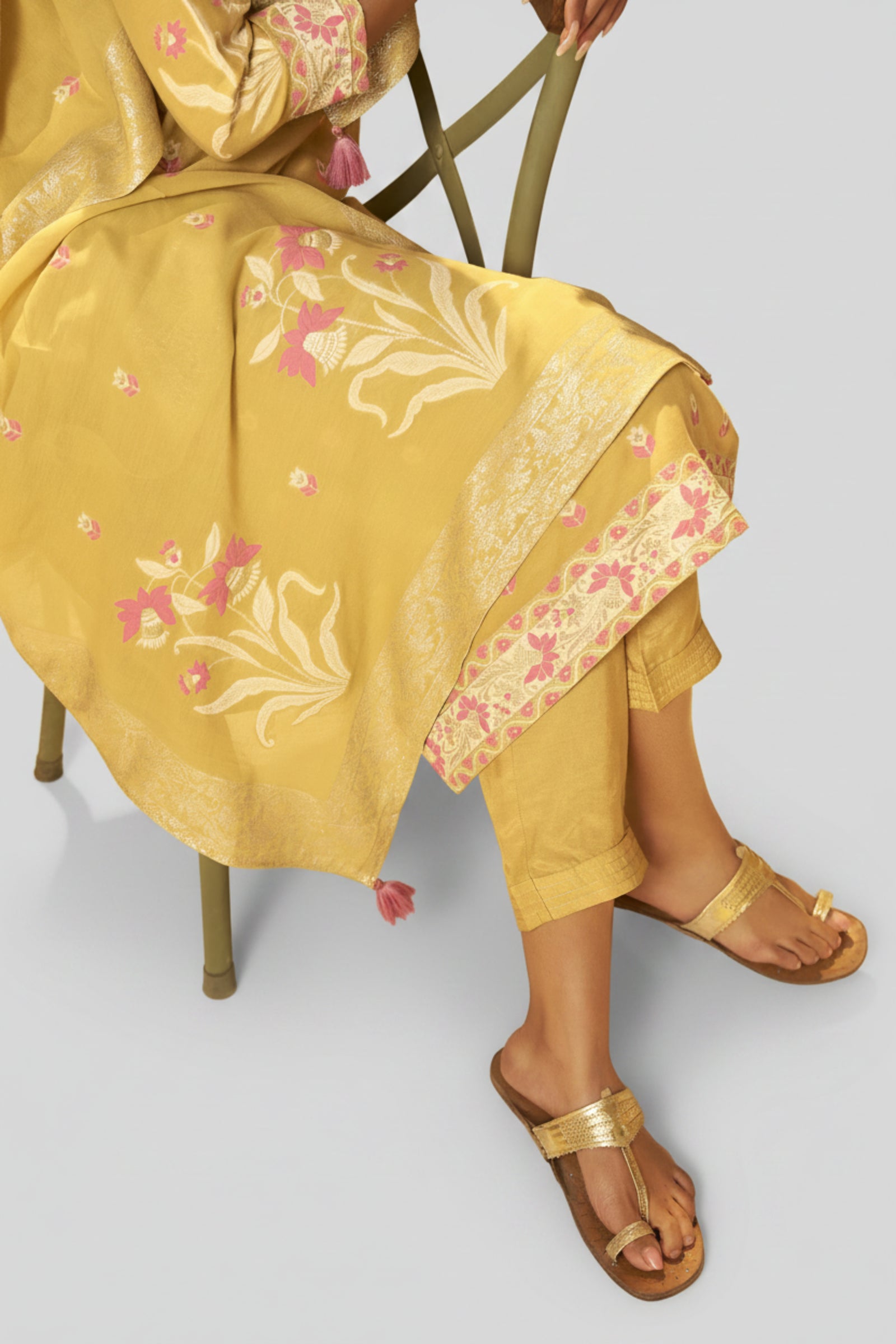 Warm Mustard Dyed Cotton Jacquard Fancy Kurta Set
