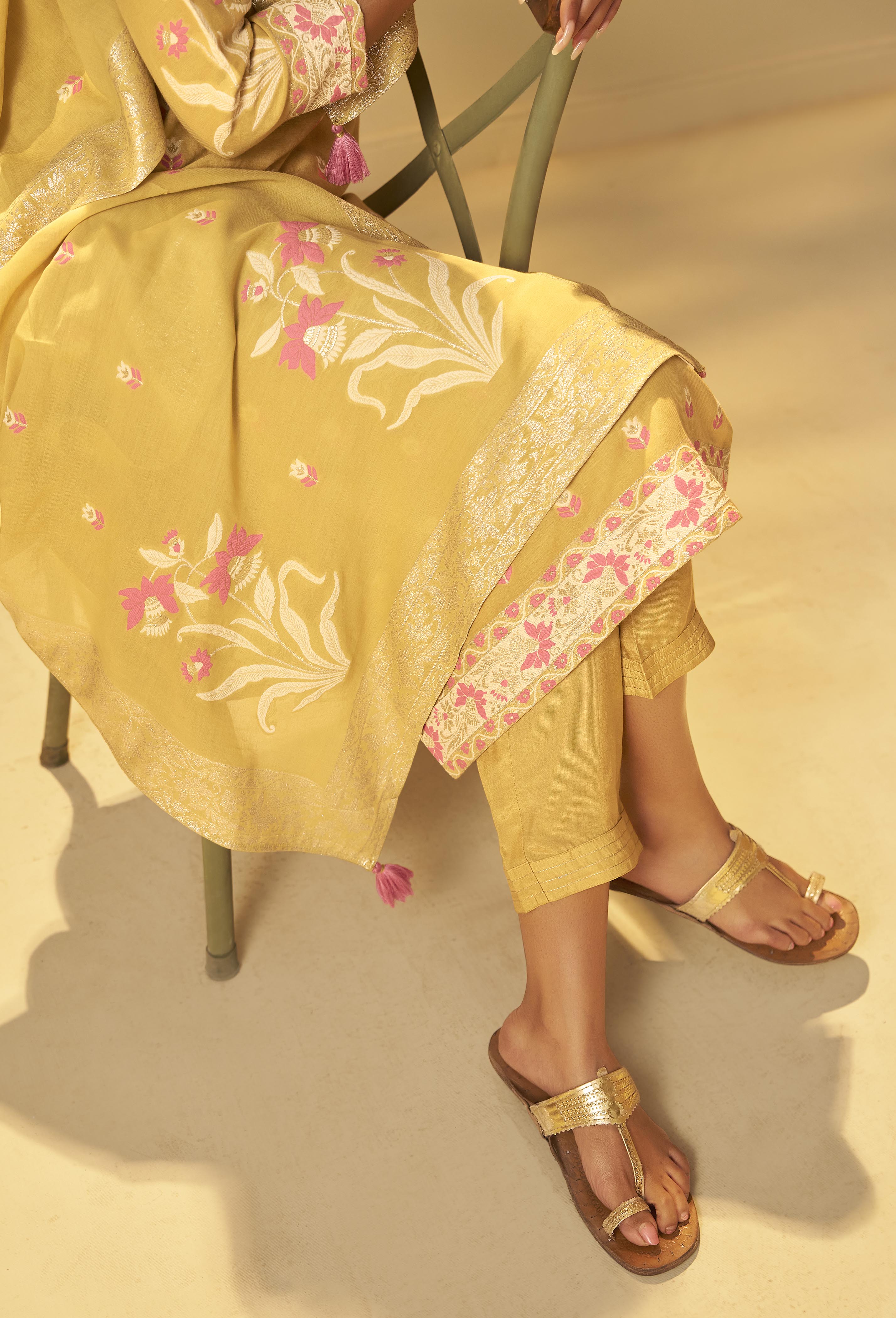 Warm Mustard Dyed Cotton Jacquard Fancy Kurta Set