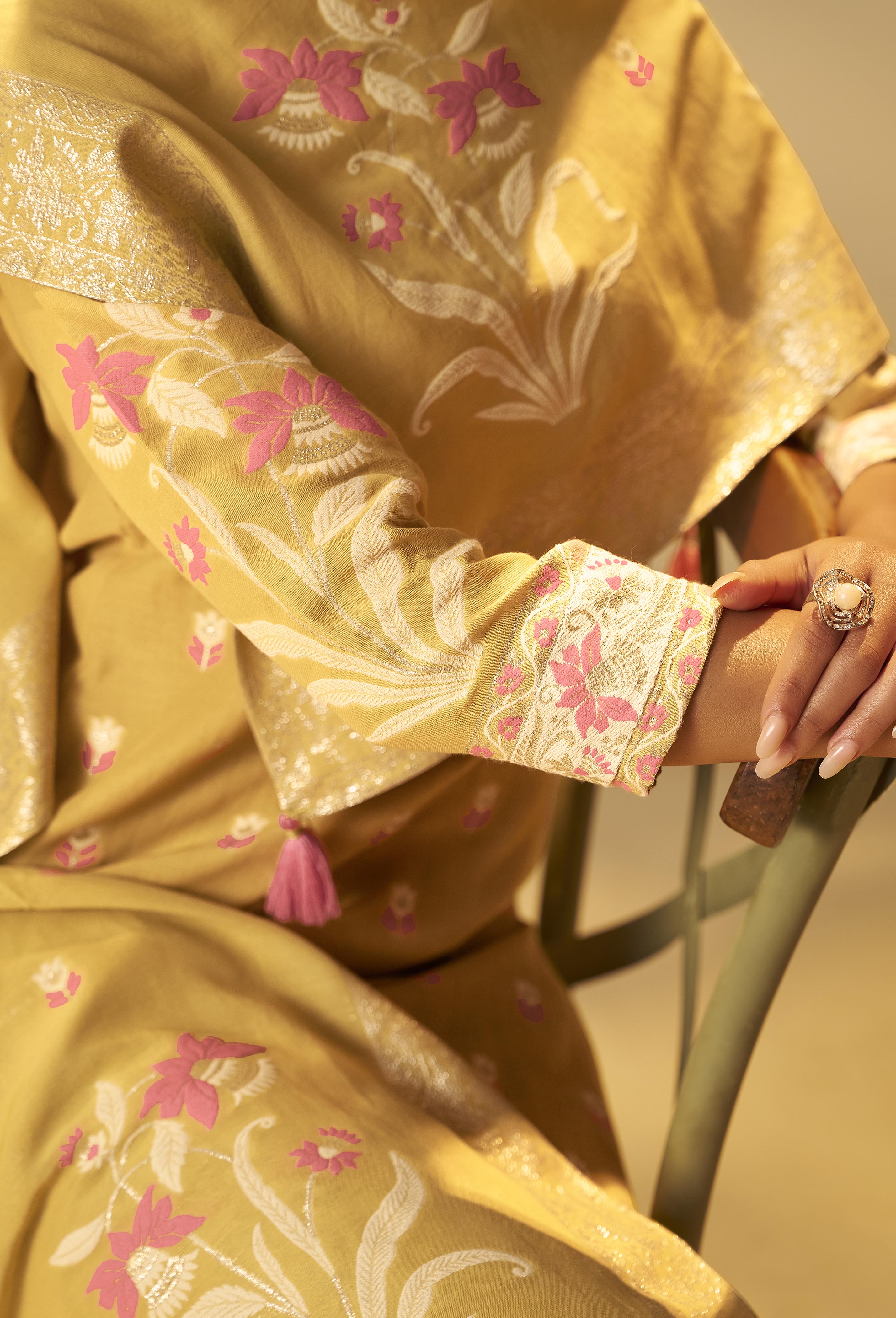 Warm Mustard Dyed Cotton Jacquard Fancy Kurta Set