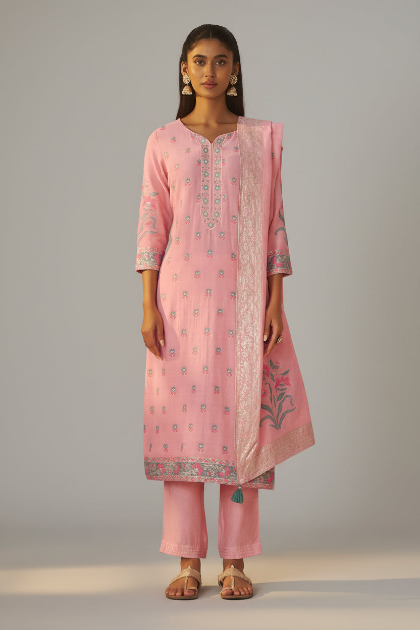Blush Rose Pink Dyed Cotton Jacquard Fancy Kurta Set