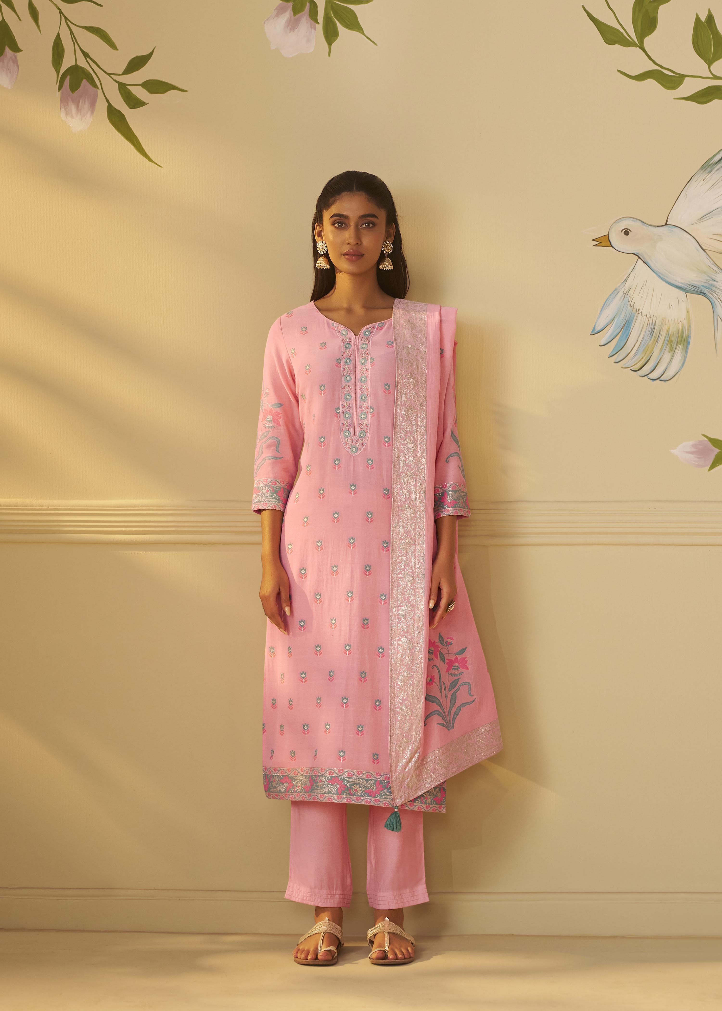 Blush Rose Pink Dyed Cotton Jacquard Fancy Kurta Set