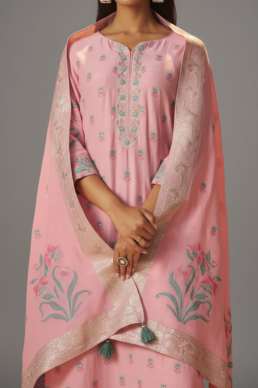 Blush Rose Pink Dyed Cotton Jacquard Fancy Kurta Set