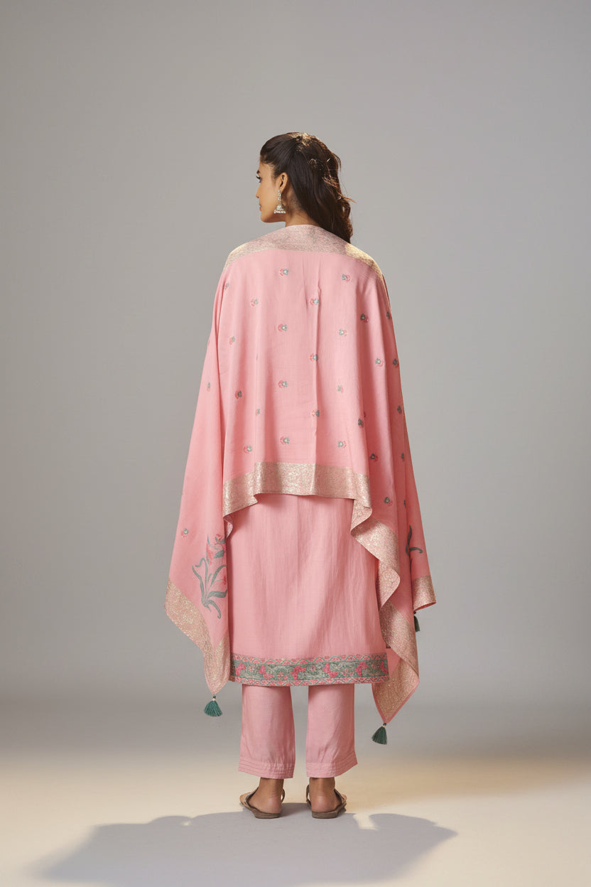 Blush Rose Pink Dyed Cotton Jacquard Fancy Kurta Set