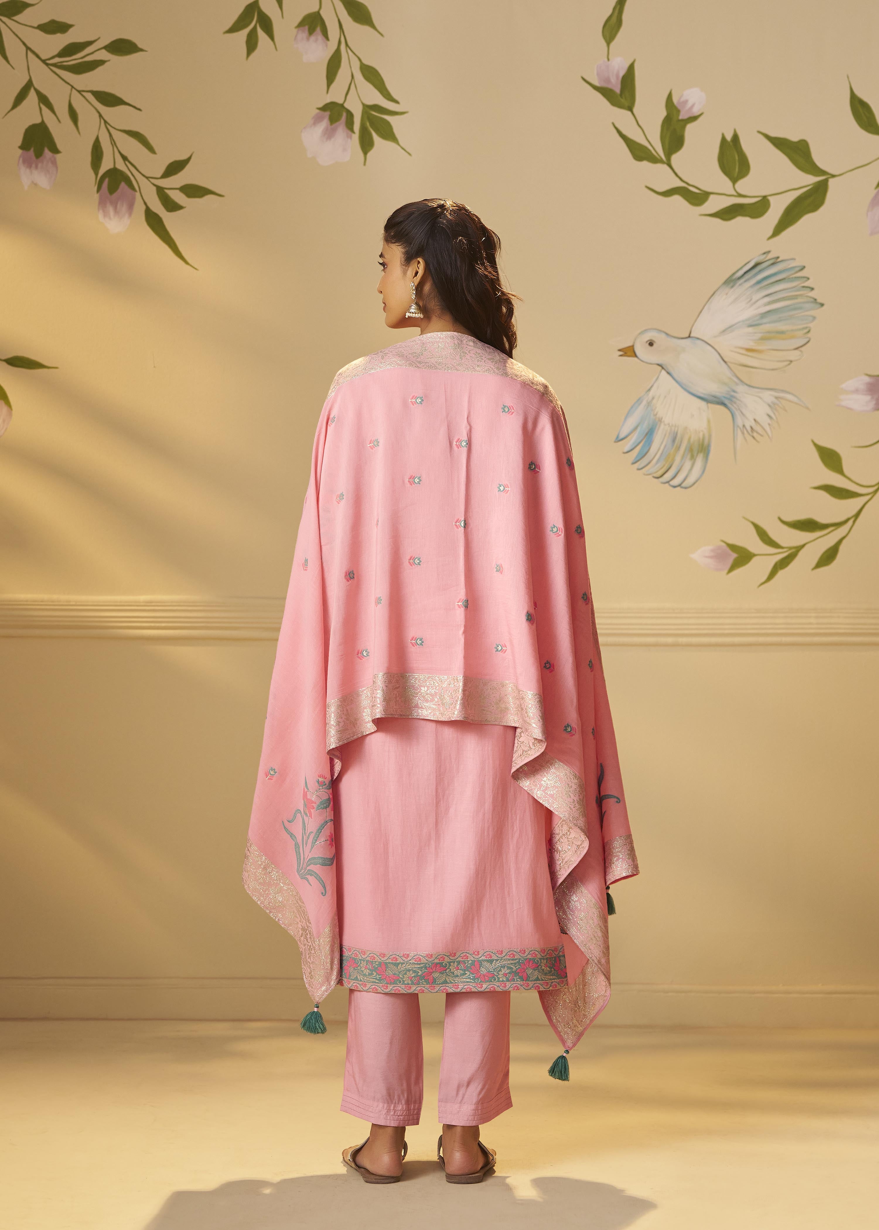 Blush Rose Pink Dyed Cotton Jacquard Fancy Kurta Set