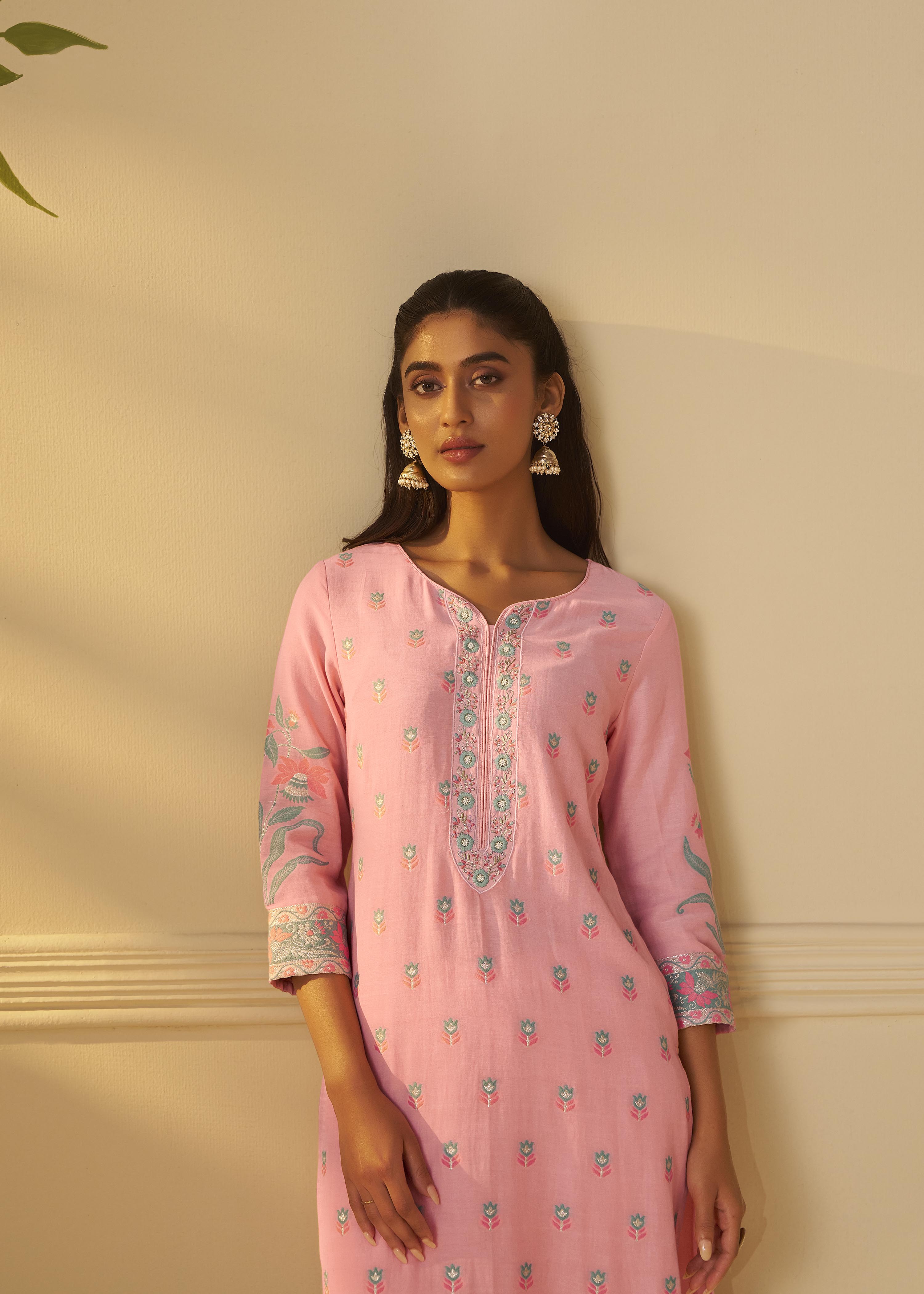 Blush Rose Pink Dyed Cotton Jacquard Fancy Kurta Set
