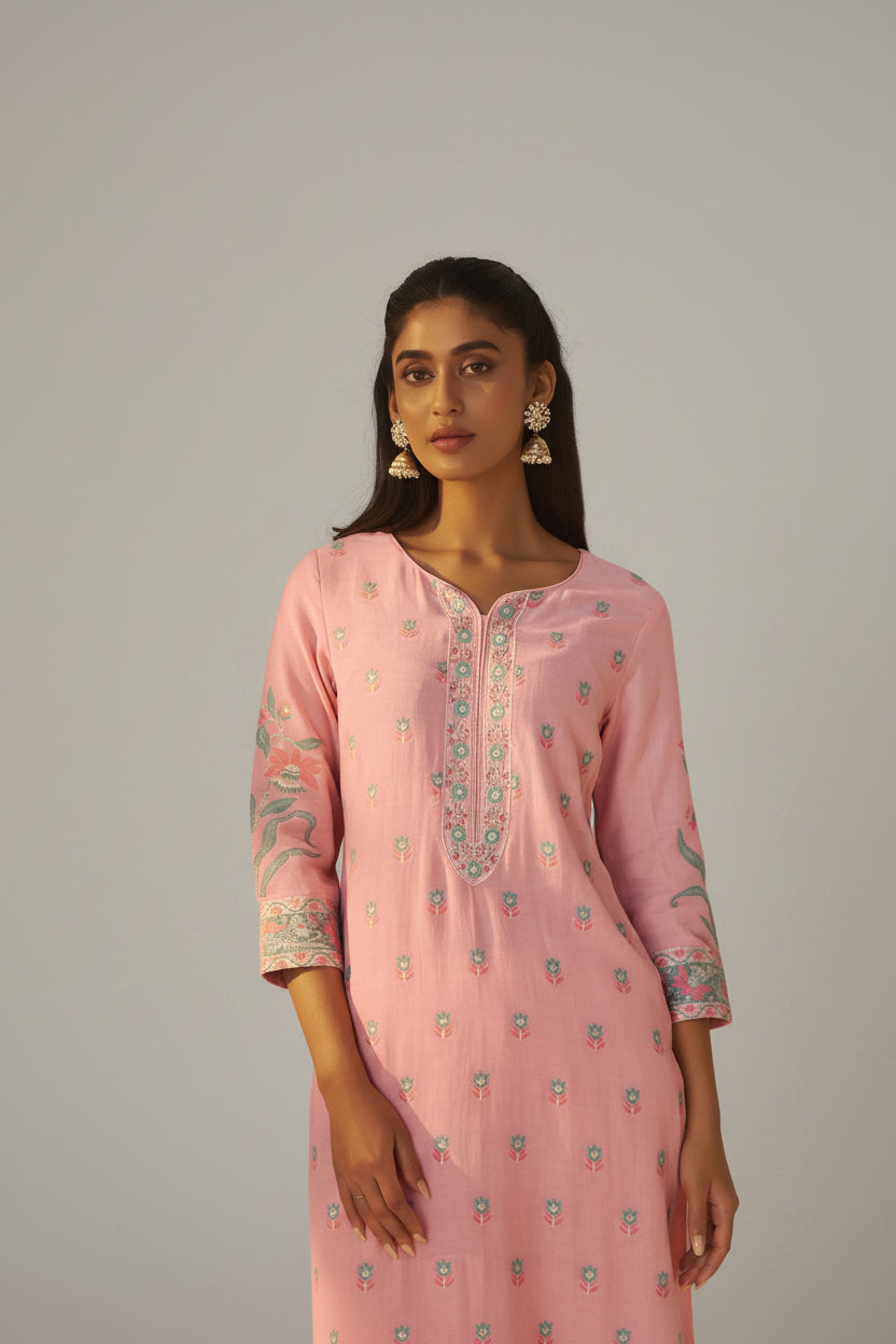 Blush Rose Pink Dyed Cotton Jacquard Fancy Kurta Set
