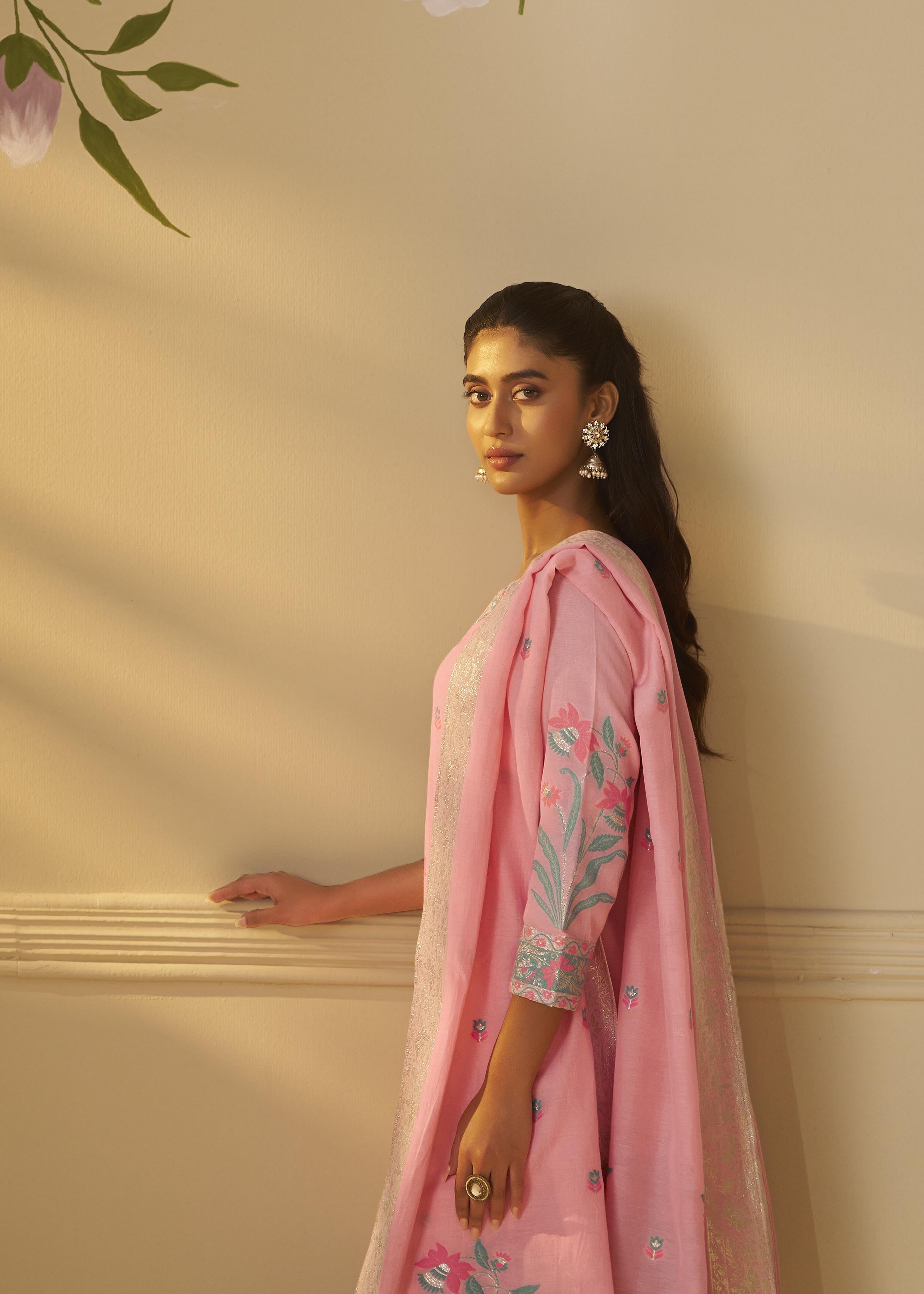 Blush Rose Pink Dyed Cotton Jacquard Fancy Kurta Set