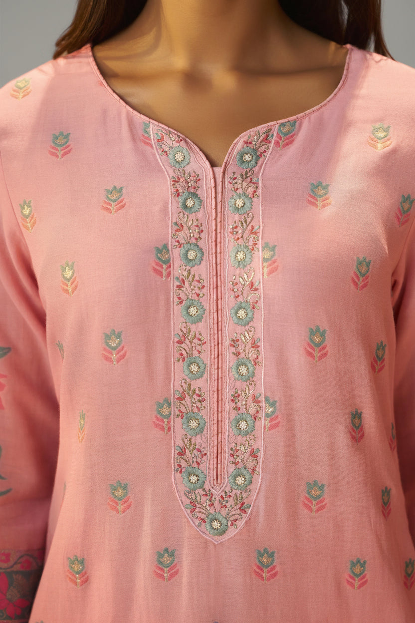 Blush Rose Pink Dyed Cotton Jacquard Fancy Kurta Set