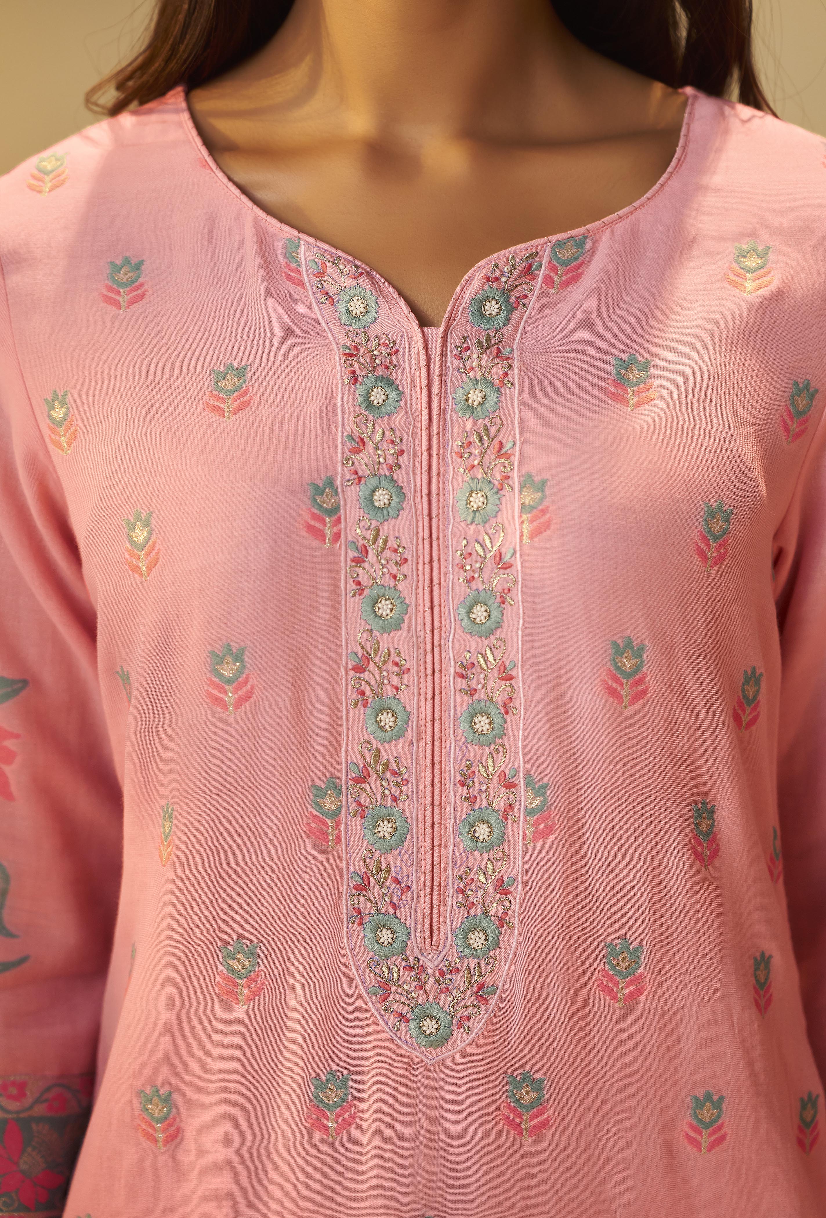 Blush Rose Pink Dyed Cotton Jacquard Fancy Kurta Set