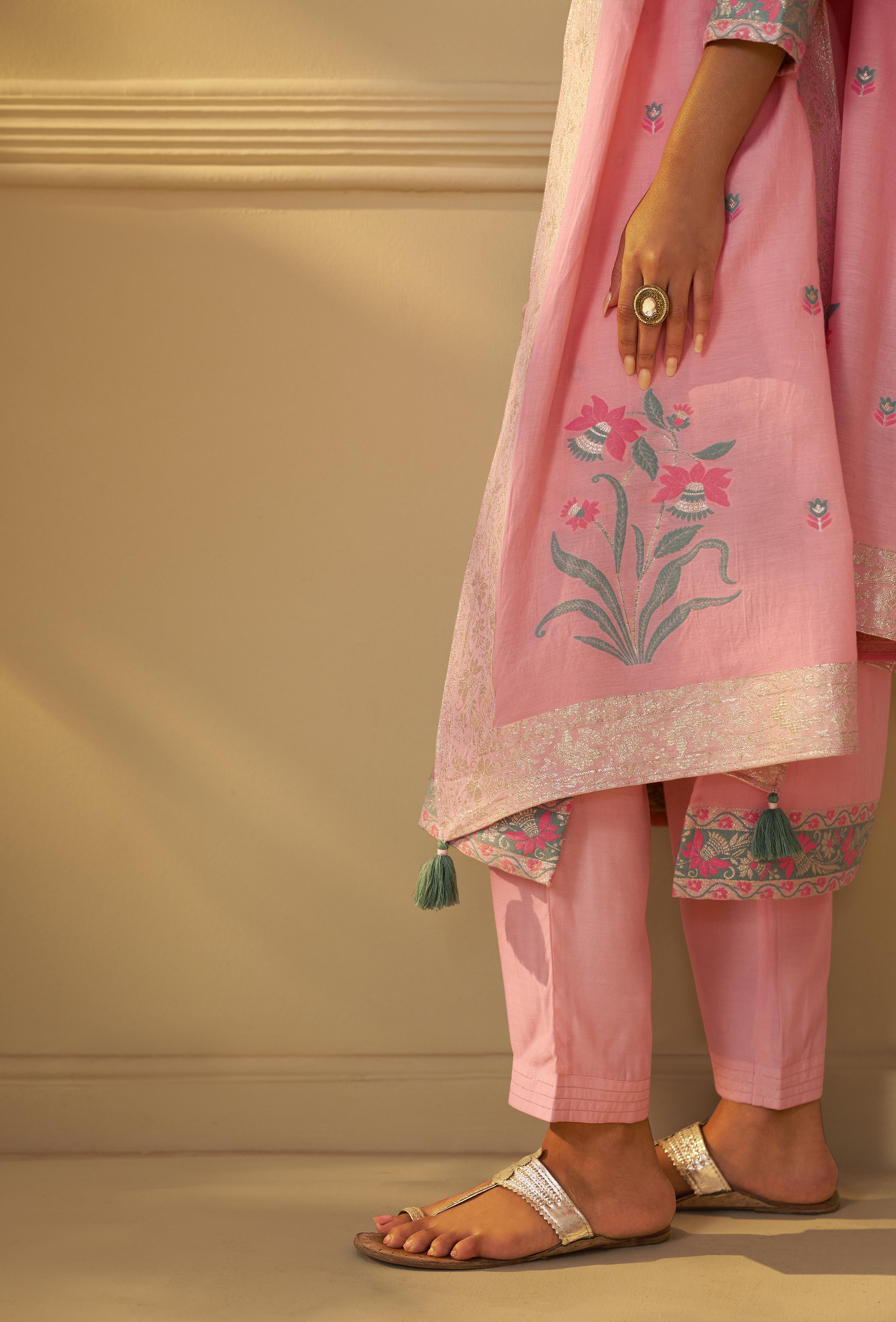Blush Rose Pink Dyed Cotton Jacquard Fancy Kurta Set